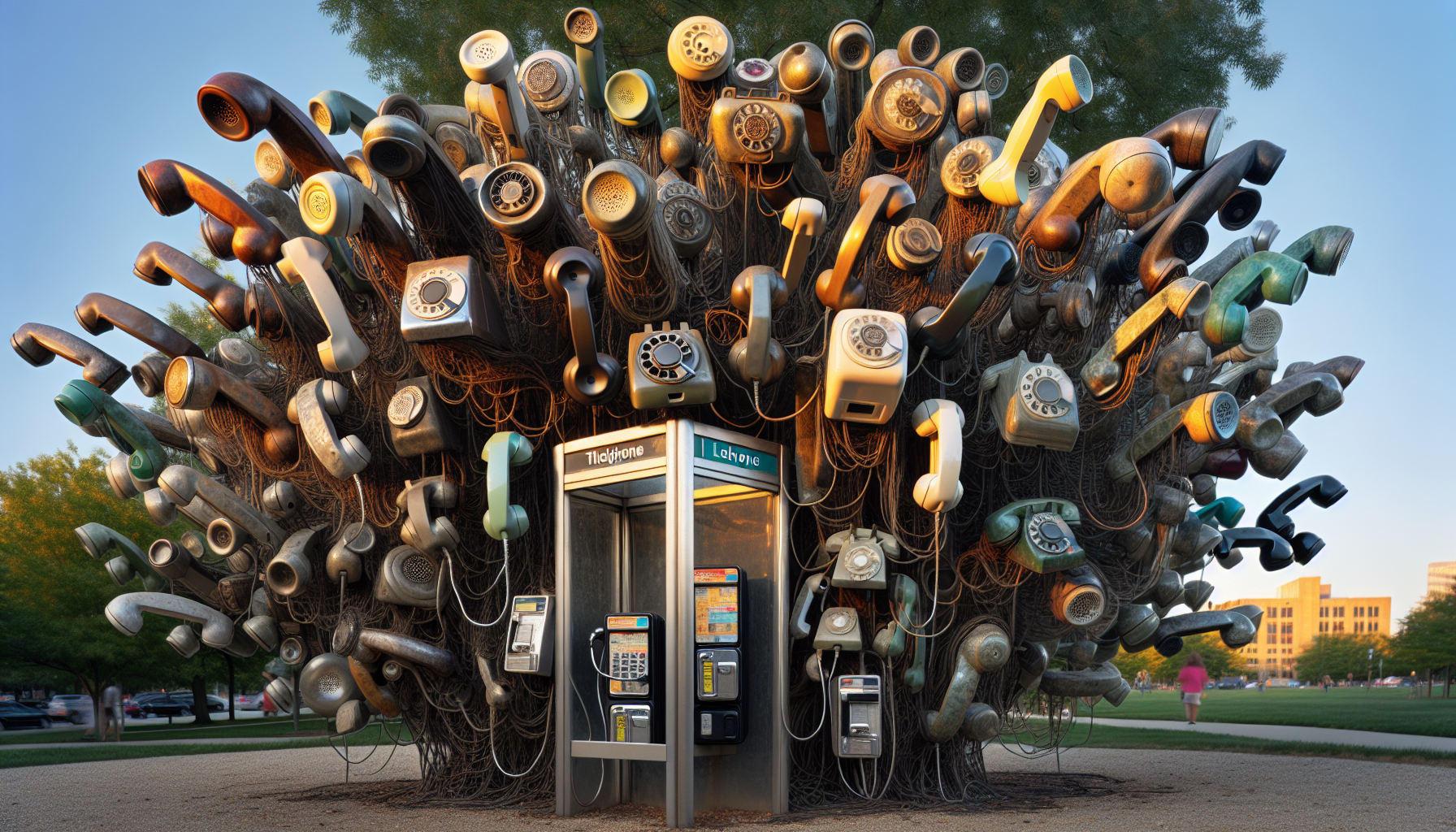 "Monumental abstract sculpture in a public park made entirely of thousands of fused telephones from every era, extreme close-up, 8k render. Ancient candlestick phones, art deco models, rotary dials, princess phones, brick cell phones, flip phones, and smartphones spiral upward chaotically. Weathered payphones jut out at impossible angles. Tangled masses of phone cords create organic textures. Copper wiring exposed like wild vines. Glass phone booths reflect sunlight through layers of vintage handsets. Some sections oxidized to verdigris, others maintaining chrome and colored Bakelite shine. Scale suggested by tiny people visible at base. Early morning light casting dramatic shadows through the telephone maze. Fine art photography style, deep detail on phone components, dramatic perspective looking up through the sculpture."