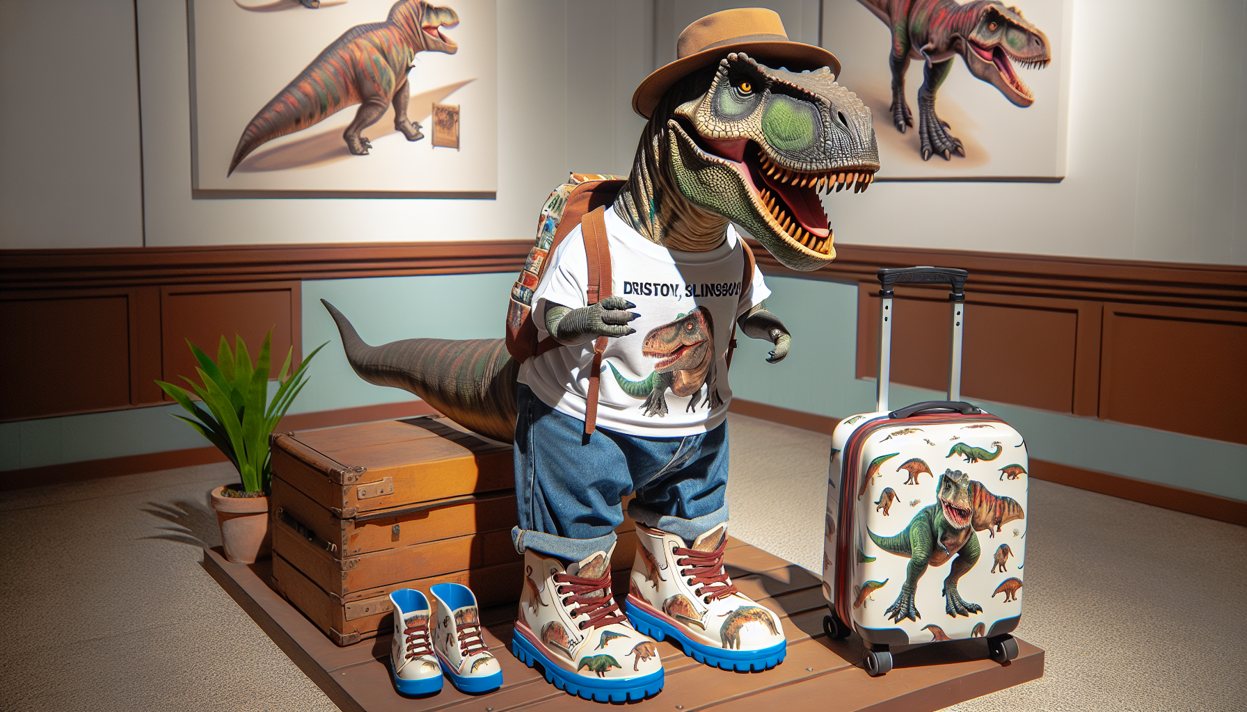 tyrannosaurus qui porte un t.shirt avec des dessins de dinosaures, qui porte des bottes en plastique avec des dessin de dinosaures qui porte un chapeau et avec une valise à roulette avec des dessins de dinosaures à côte de lui