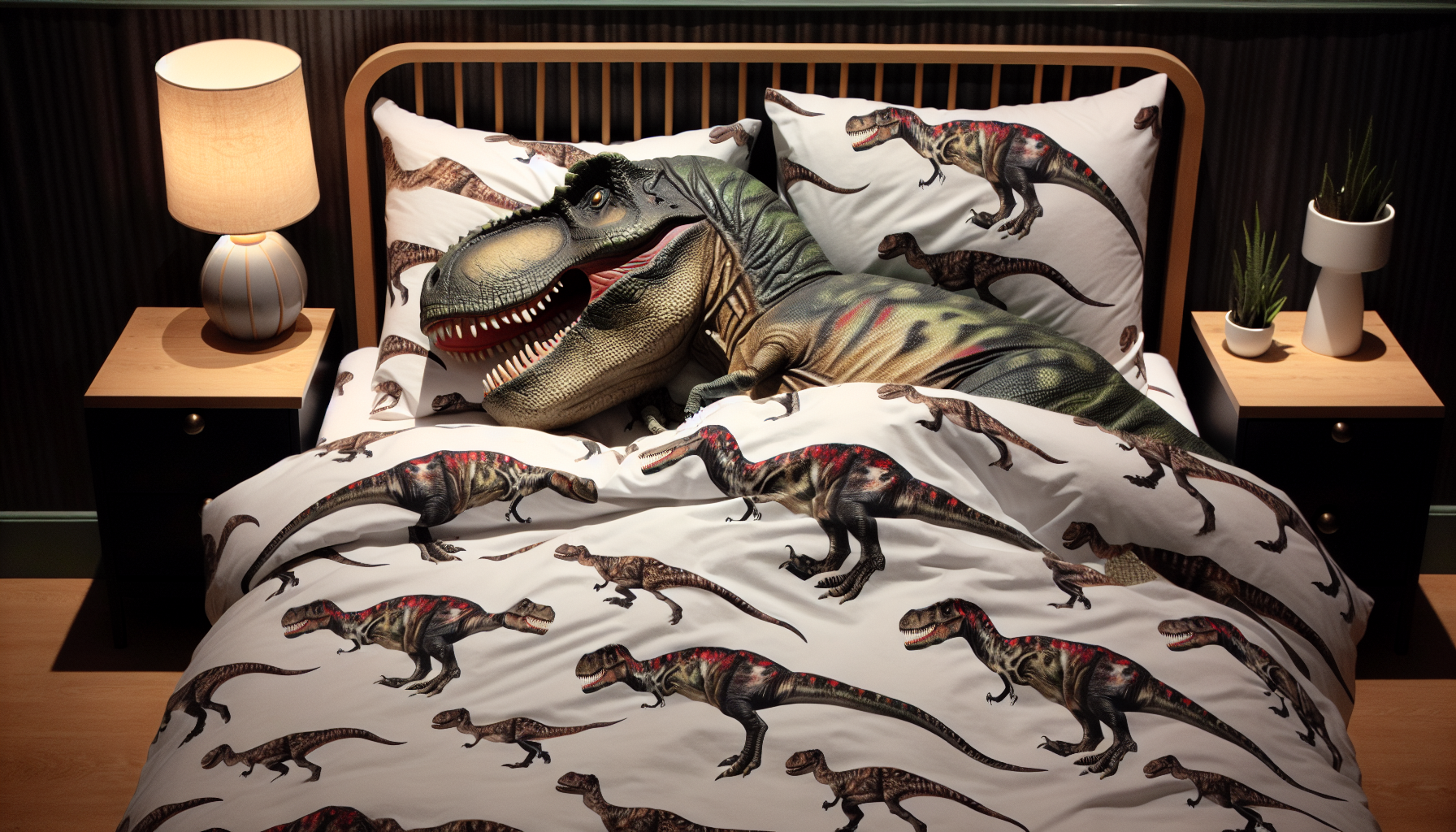 tyrannosaure qui dort sous une couette avec des dessins de dinosaures, sur un oreiller avec des dessin de dinosaures, une lampe de chevet avec des dessins de dinosaures