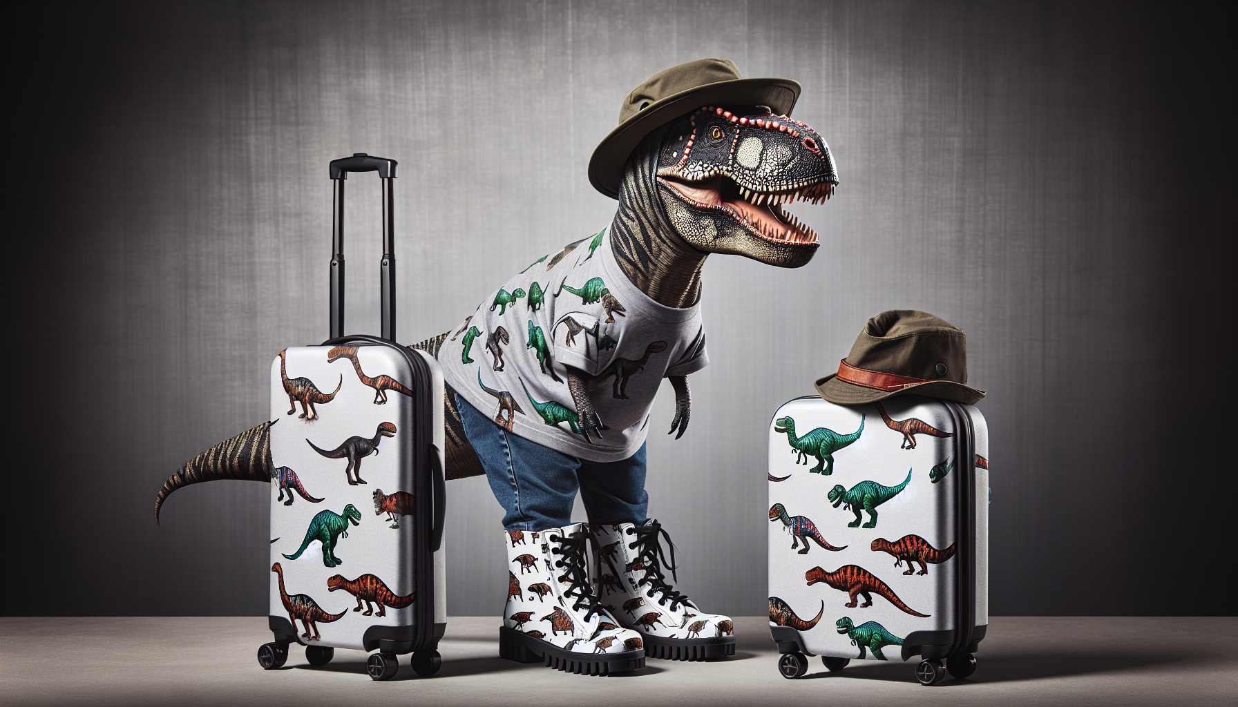 Sur fond gris acier un tyrannosaurus qui porte un t.shirt avec des dessins de dinosaures, qui porte des bottes en plastique avec des dessin de dinosaures qui porte un chapeau et avec une valise à roulette avec des dessins de dinosaures à côte de lui