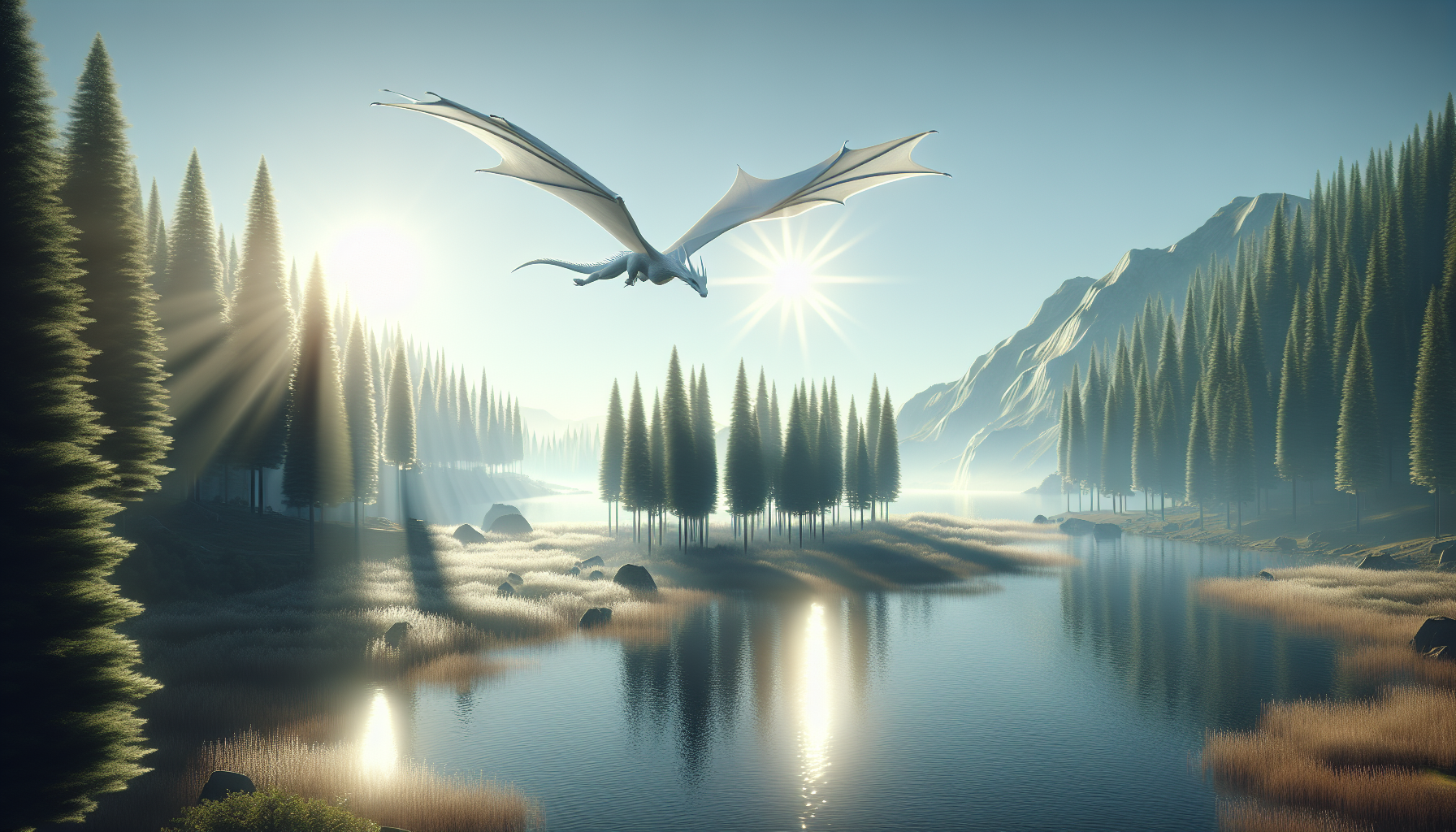pine trees far away in the background, sun rays falling from top right corner, reflection of pine trees in a lake, a white dragon flying while grazing the lake water, realistic, aspect ratio 16:9, photorealistic, unreal engine, low brightness, medium vignette. 