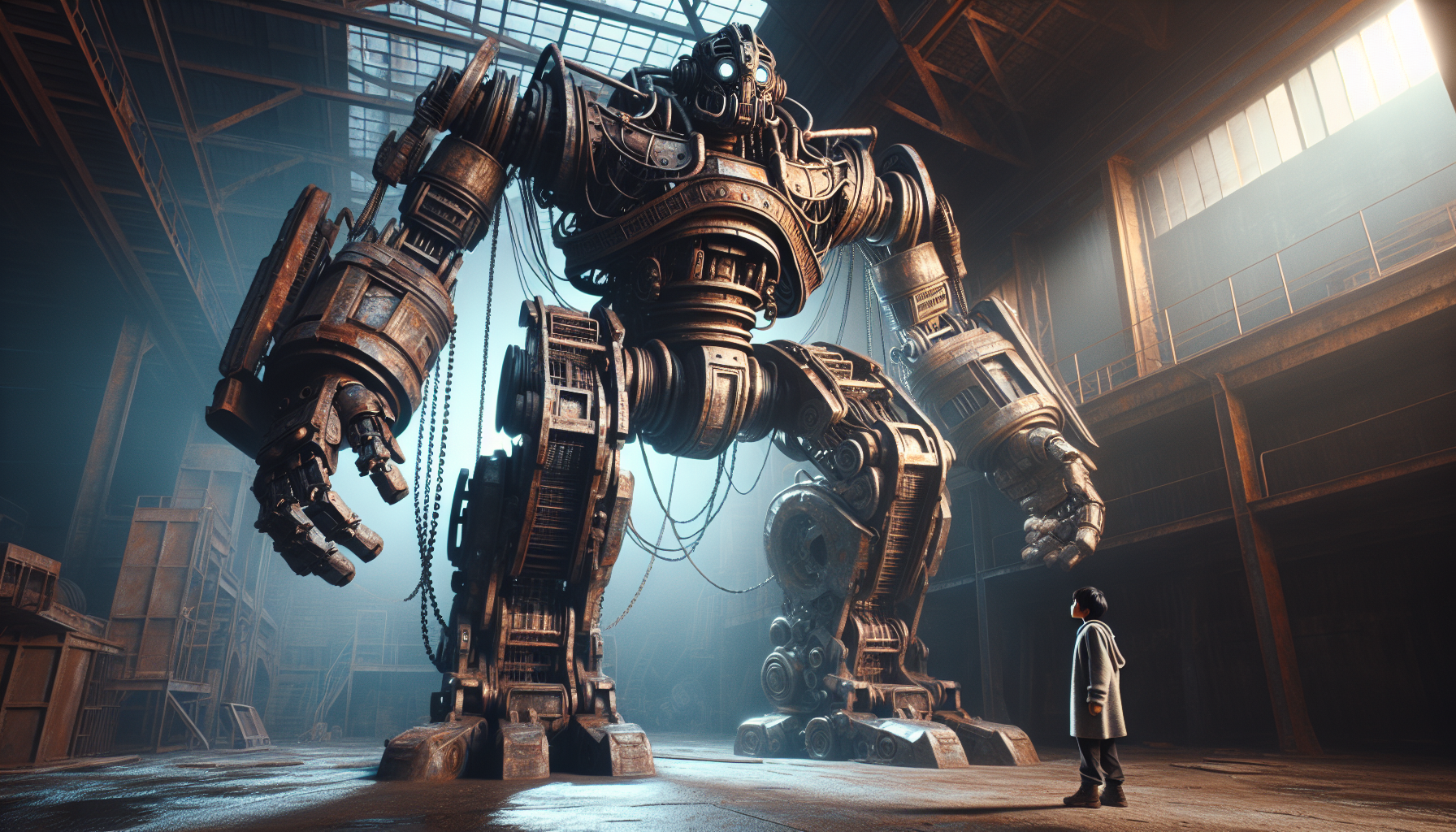 "A colossal, rusted robot towering over a small child in an industrial, dystopian setting. The robot is crafted from heavily weathered metal with visible layers of rust, worn-out gears, exposed wires, and chains connecting its limbs. Its design is rugged and mechanical, with large, intricate details that give it a raw, vintage feel. The child, dressed in a simple grey hoodie and dark pants, stands frozen in awe, looking up at the towering figure, their back turned towards it. The scene is illuminated by dim, moody lighting that casts long shadows across the gritty, abandoned space, enhancing the sense of mystery and surrealism. The environment feels both haunting and awe-inspiring, with the contrast of the fragile human and the imposing, yet seemingly passive, robot creating a powerful sense of scale and tension."






