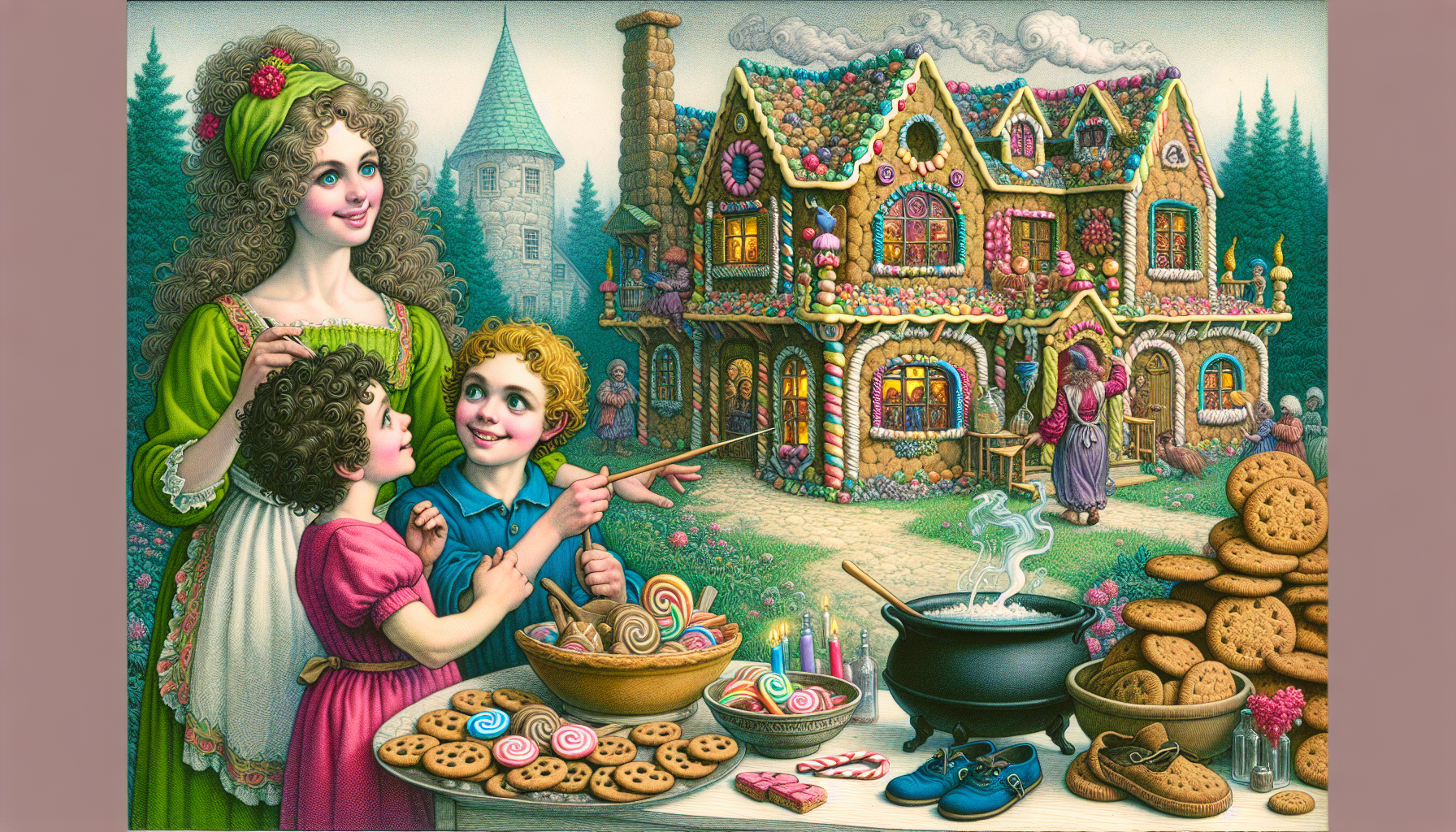In one image Hanzel and Gretel arrive at a house made entirely of sweets, with cookie walls, a candy roof, and sugar windows. In the next scene the witch, looking friendly and dressed in colorful clothes, invites them in. Hanzel and Gretel, with smiles on their faces, accept the invitation and enter the house. In the next image the witch is cooking in a large cauldron, with a mischievous expression on her face. On the table nearby, locks of curly hair and small shoes can be seen, hinting at a dark fate for the children.