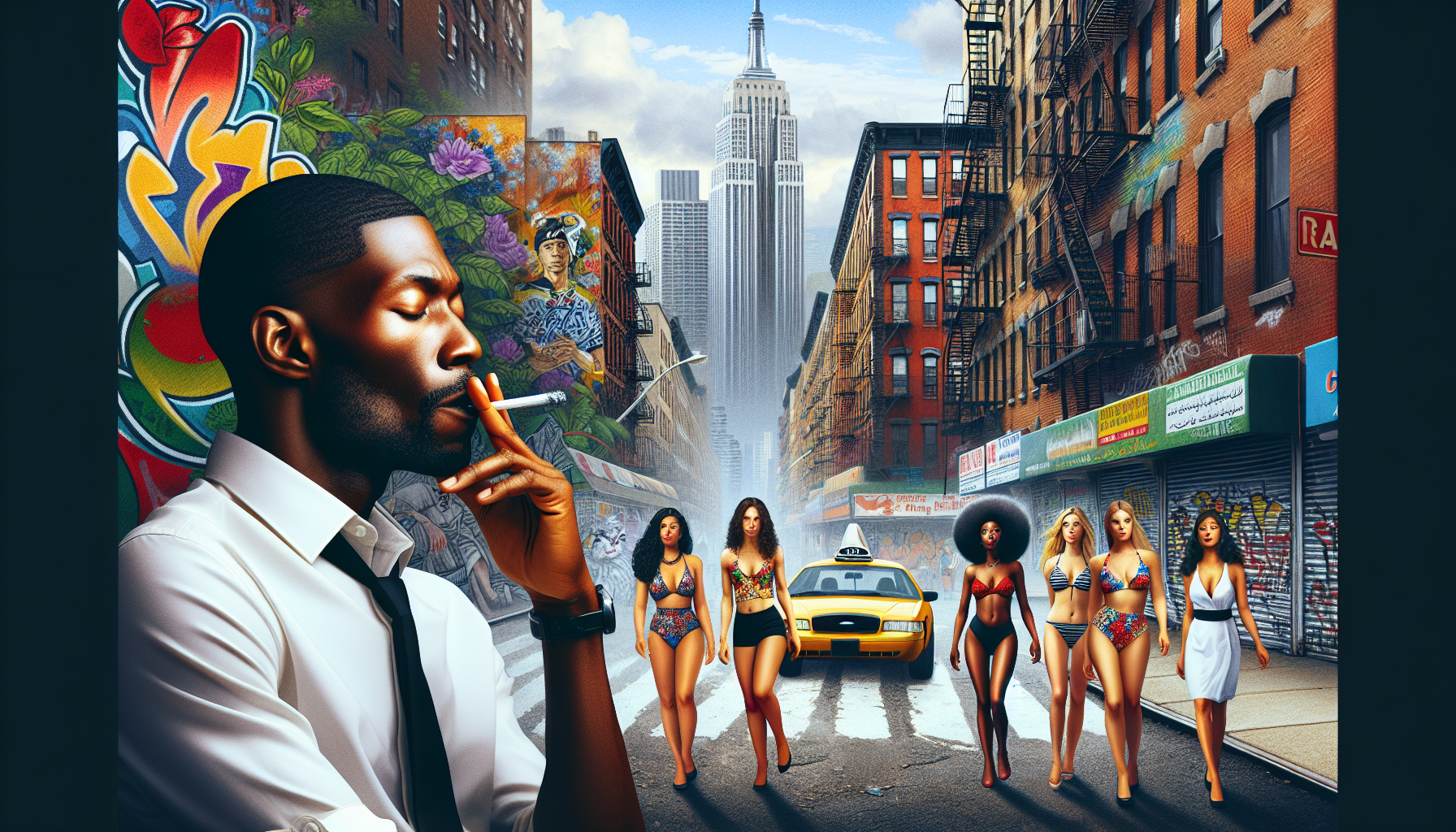 black man smoking weed in new york hood with hot bikini ladies