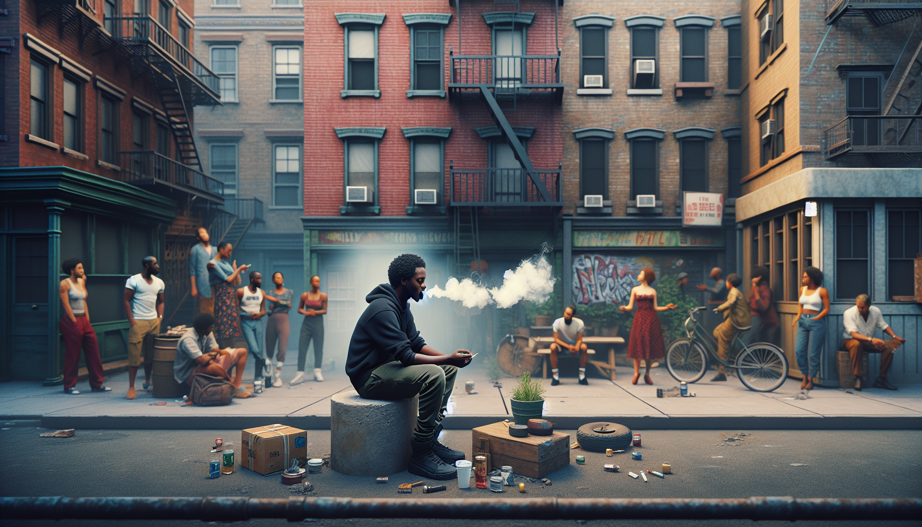 black man smoking weed in new york hood with gang in street clothes 
