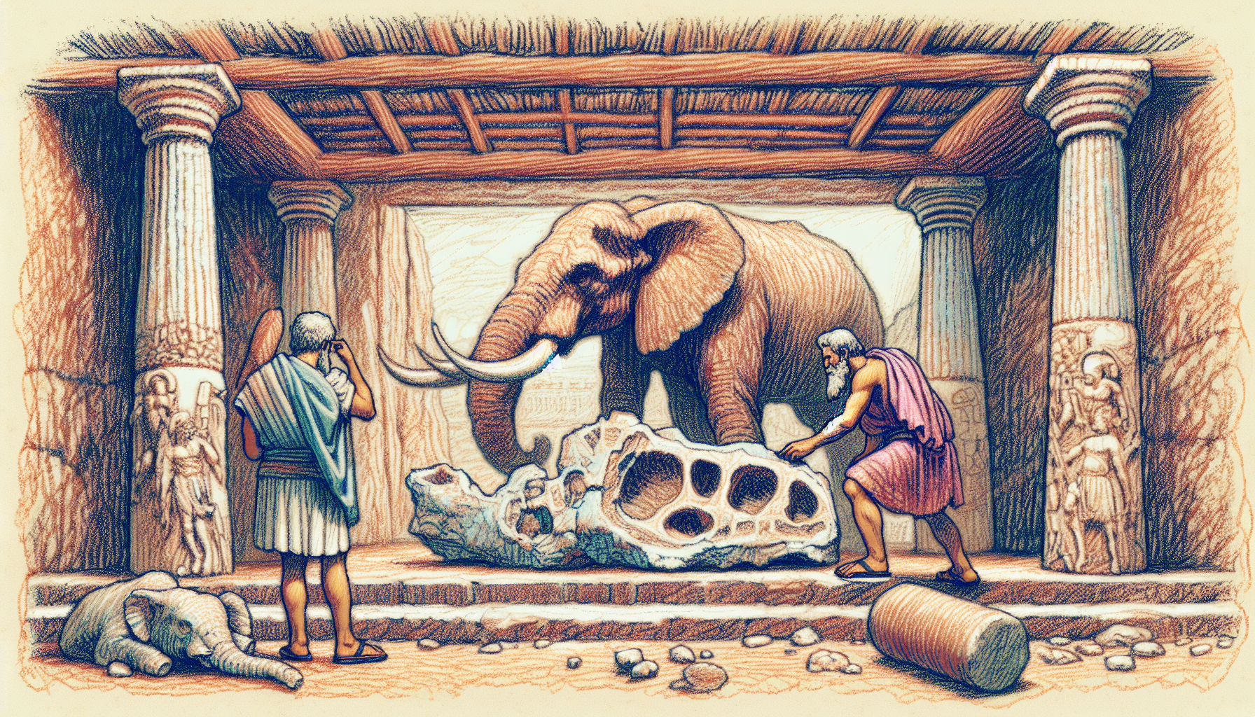 En 400 BC le célèbre médecin grec Hippocrate examine une dent d'éléphant fossile dans le temple d'Esculape sur l'île de Kos