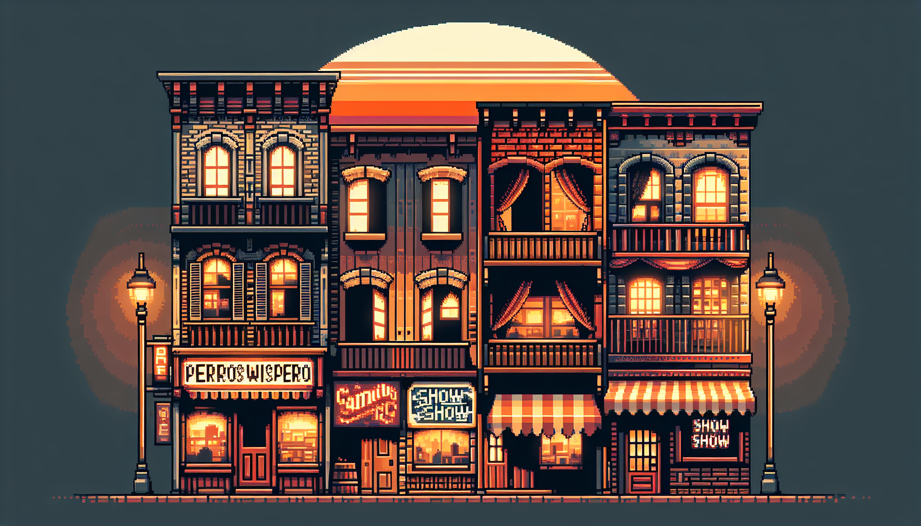 A row of old, warm-colored pixel art buildings in a retro sunset setting. The buildings have an aged, vintage look with wooden and brick textures, and their colors blend with the warm orange and brown hues of the sunset sky. Some buildings have neon or painted signs with text: 'PERROS WISPEROS,' 'SHOW SHOW,' and 'POGO'S CARNIVAL.' The windows are dimly lit, and a few buildings have awnings, balconies, and small details like streetlights or banners. The perspective is straight-on, suitable for a side-scrolling game. The atmosphere feels nostalgic and slightly mysterious."