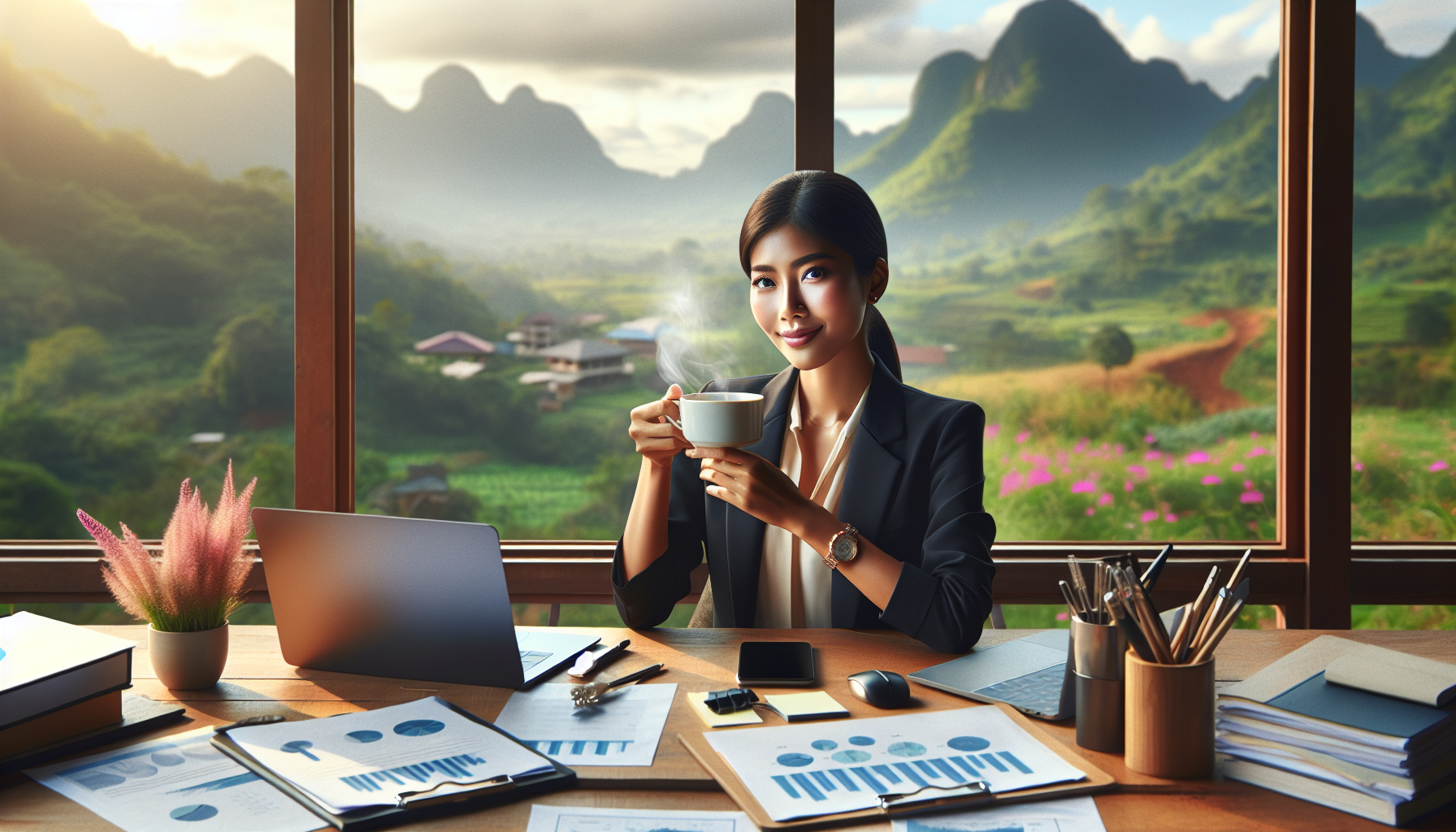 Create the photo of a female entrepreneur working on a desk, enjoying a cup of tea and the beautiful landscape