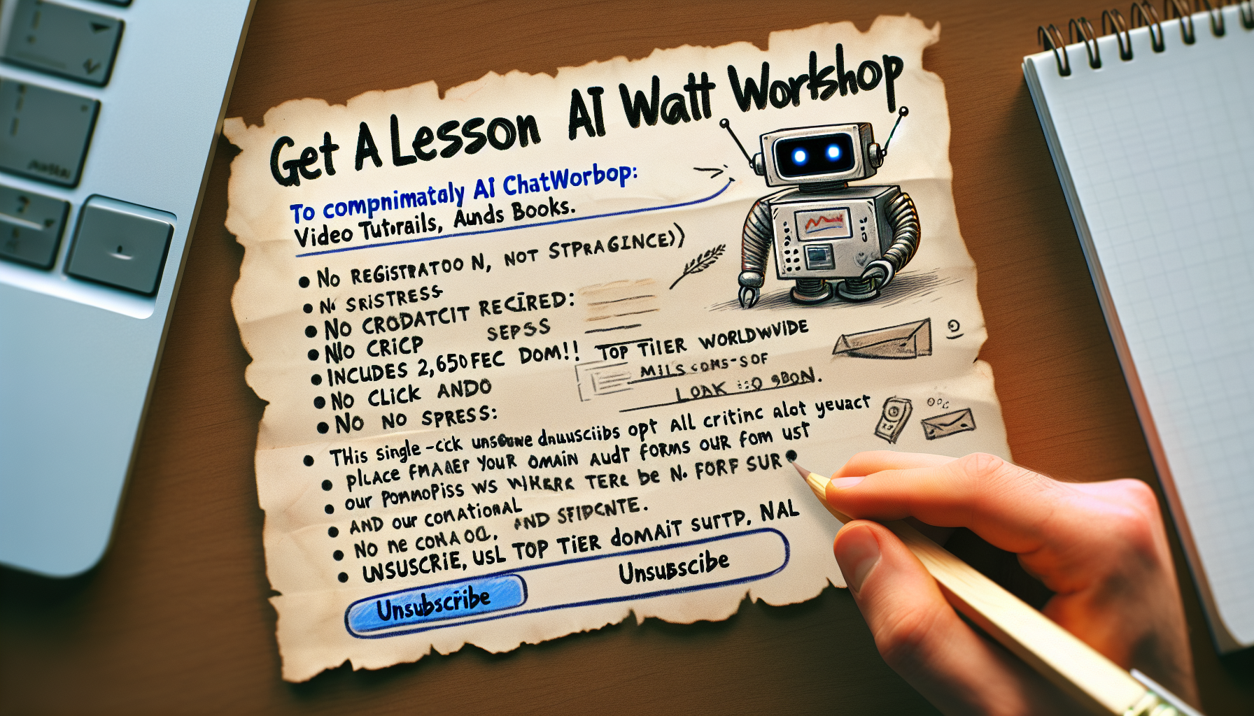 I stopped by instantart.ai, to leave this note.

Get a Complimentary 8-lesson AI Workshop on AI Chatbots: Video Tutorials, Audios, Writing Prompts, and Books.

Includes 2,650 ChatGPT Prompts. 

No registration required. No credit card. No stress.
One click and enjoy.
https://ai.toptiercrm.tech 

Speak soon,  

Top Tier 
Worldwide Service 

One Click Unsubscribe 
This single-click unsubscribe option will place all your domain emails and contact forms on our Do Not Contact list, and there will be no further contact from us with promotional content. 
https://bullet-proof.biz/unsubscribe.php?d=instantart.ai
