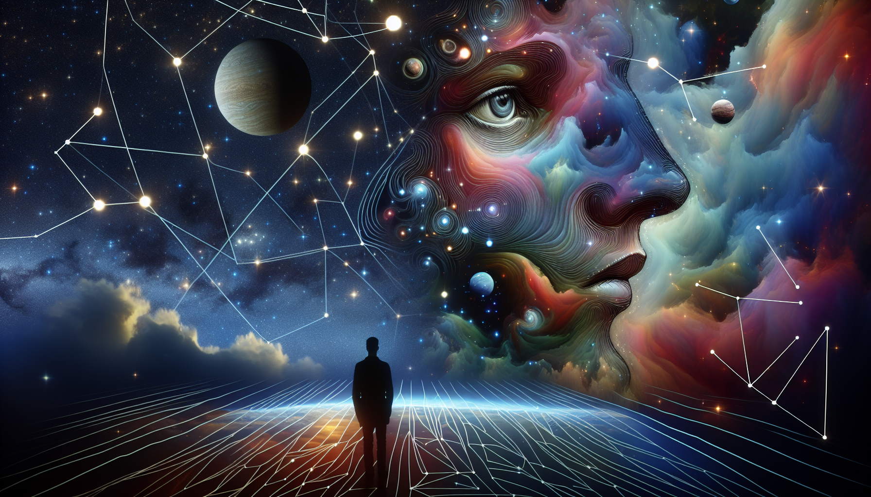 Challenge Criteria

Instruction: Explore the surreal connection between the universe and the subconscious. Depict celestial bodies as sentient beings, constellations that tell hidden stories, or the cosmos merging with everyday life in dreamlike ways. Let the mysteries of space become symbols of the unknown within us.

Must include: 1. A celestial or cosmic element (stars, planets, nebulae, etc.). 2. An unexpected connection between space and something earthly or personal. 3. A visual illusion or distortion that challenges perception.