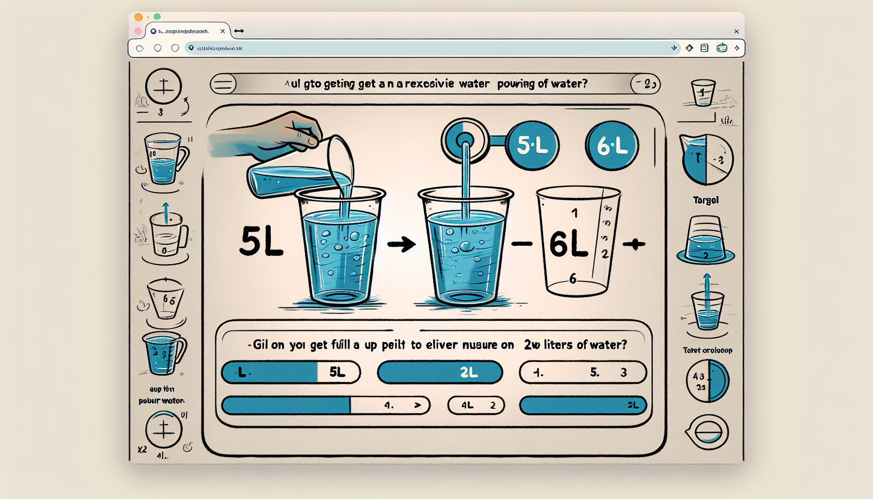 做一个h5页面，一个倒水问题的互动教学工具，帮助用户通过操作5升和6升的水杯获得准确的2升水。界面元素包括：
1. 水杯图示：标注了5L和6L的两个杯子，用户可通过点击进行倒水、装满、清空、倒入其他水杯中操作。
2. 目标提示：明确显示需要获取2L的水。
3. 数字显示：显示当前水杯容量