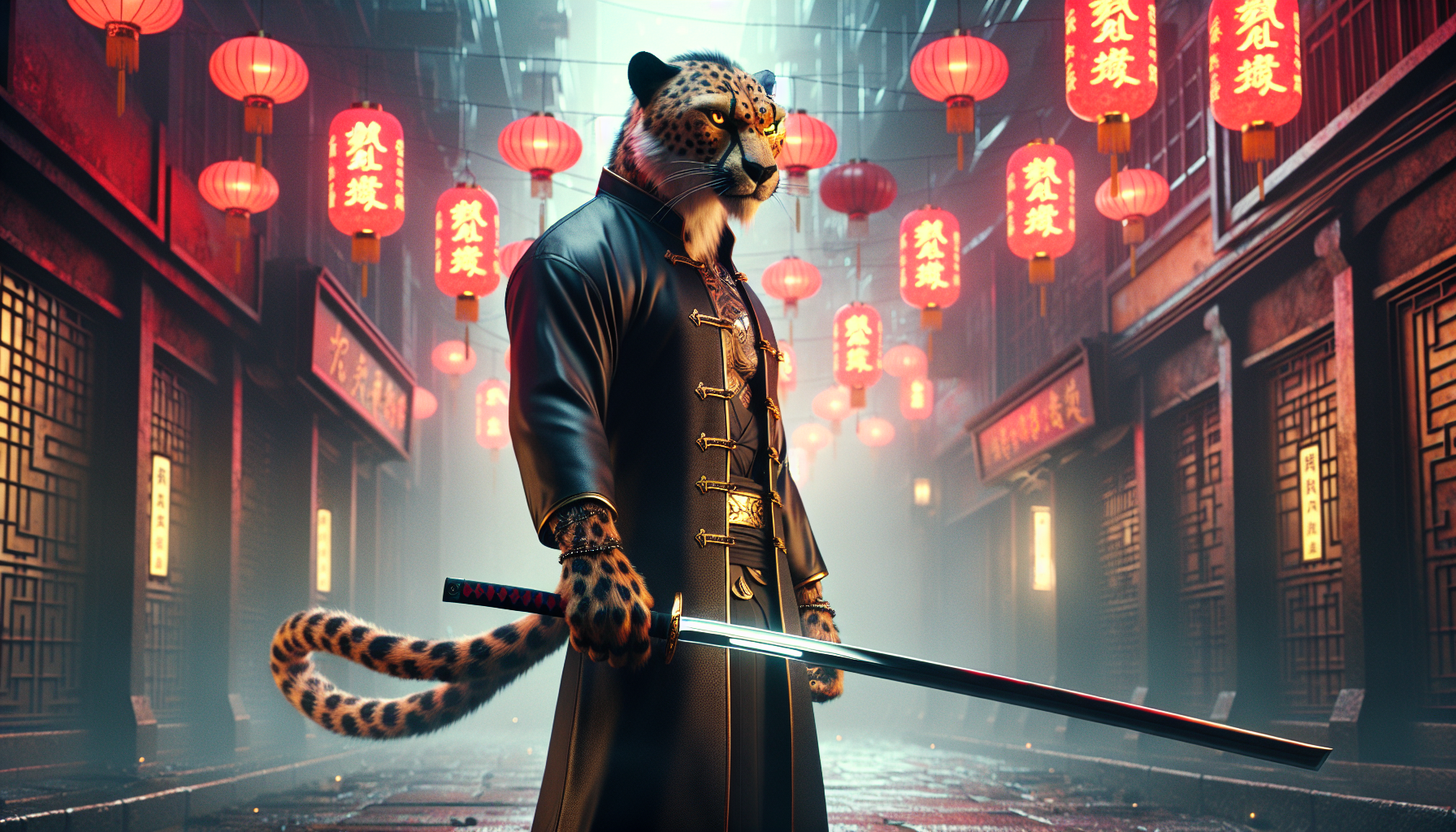 A massive, muscular anthropomorphic cheetah warrior standing in a neon-lit Chinese street at night. The cheetah has sleek golden fur with black spots, piercing eyes, and detailed Chinese tattoos on its upper body. It wears traditional black and gold martial arts attire with intricate golden embroidery. In its hand, it holds a large, sharp sword reflecting the lantern light. Beside the cheetah, the legendary martial artist Bruce Lee walks confidently, wearing his iconic black outfit. The background features red Chinese lanterns hanging overhead, misty air, and traditional architecture, creating a cyberpunk, action-packed atmosphere