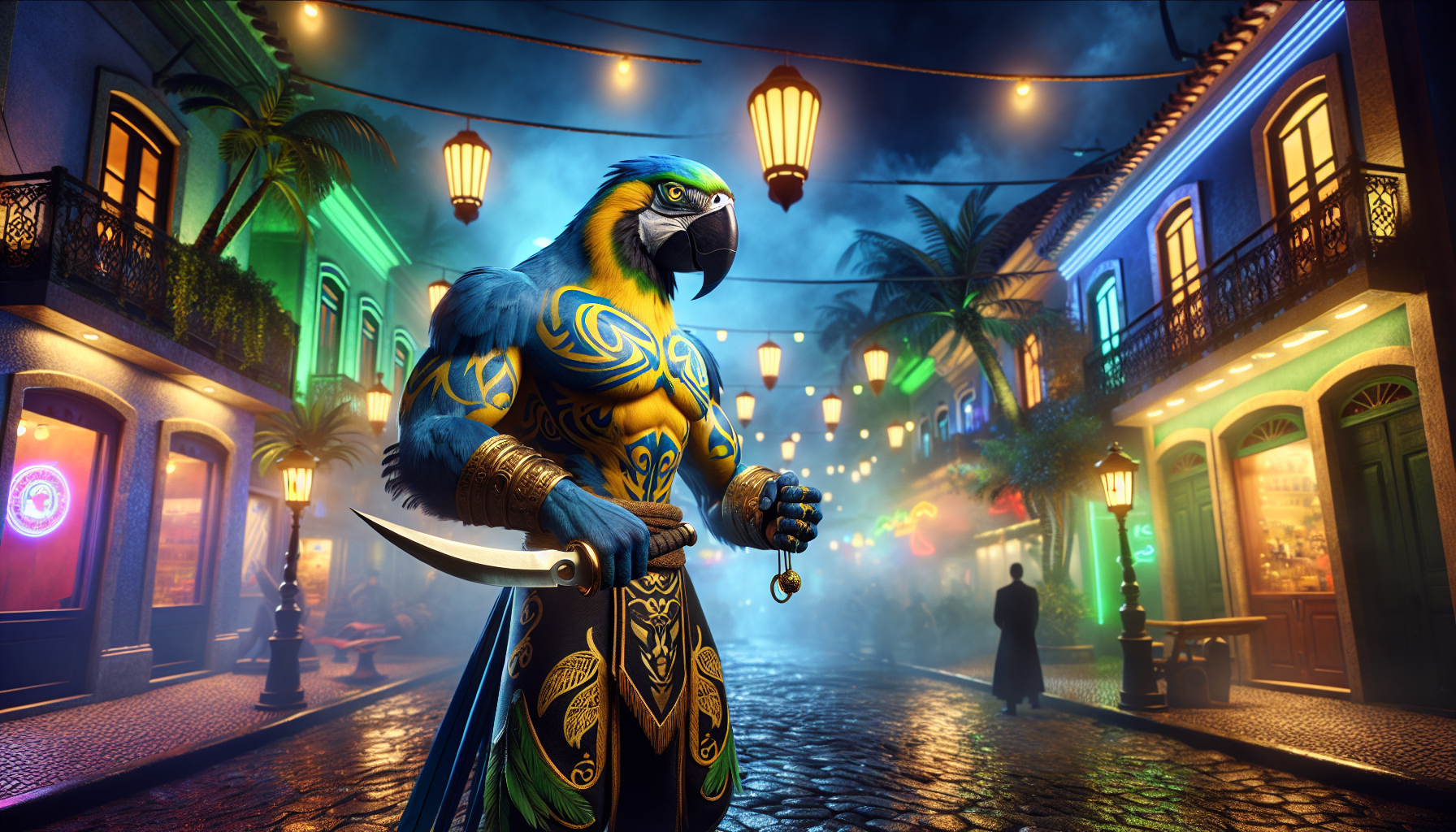 The scene opens in the vibrant streets of Brazil at night, illuminated by neon lights. A massive, muscular anthropomorphic macaw warrior stands tall, its vivid blue, yellow, and green feathers glistening in the glow. Its intense eyes match its powerful presence, and detailed tribal tattoos cover its upper body. The macaw is dressed in a mix of traditional Brazilian martial arts attire with intricate gold embroidery. In its claws, it wields a large, sharp sword, reflecting the streetlights. Beside the macaw, the Brazilian president, dressed in a sleek black suit, walks with confidence, exuding determination. The street is alive with the energy of the city, featuring colorful Brazilian lanterns hanging overhead, misty air, and traditional architecture, creating a bold, action-packed atmosphere full of excitement and intrigue.
