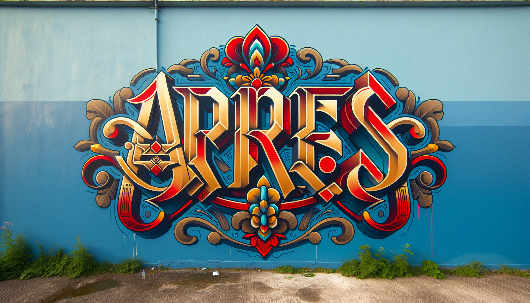 Fotografía de un graffiti en una pared azul. el graffiti está en el estilo de la palabra "apares" escrito en letras grandes, atrevidas, rojas y doradas. las letras están dispuestas en un patrón simétrico, con el "r" en el centro y la "s" a ambos lados. la palabra está escrito en una fuente estilizada y cursiva con detalles y patrones intrincados. el fondo de la imagen está borroso, pero parece ser un entorno exterior con un suelo de hormigón y algunas plantas. el esquema general de color del graffiti es predominantemente azul y rojo, con algunas pistas de color amarillo y verde.