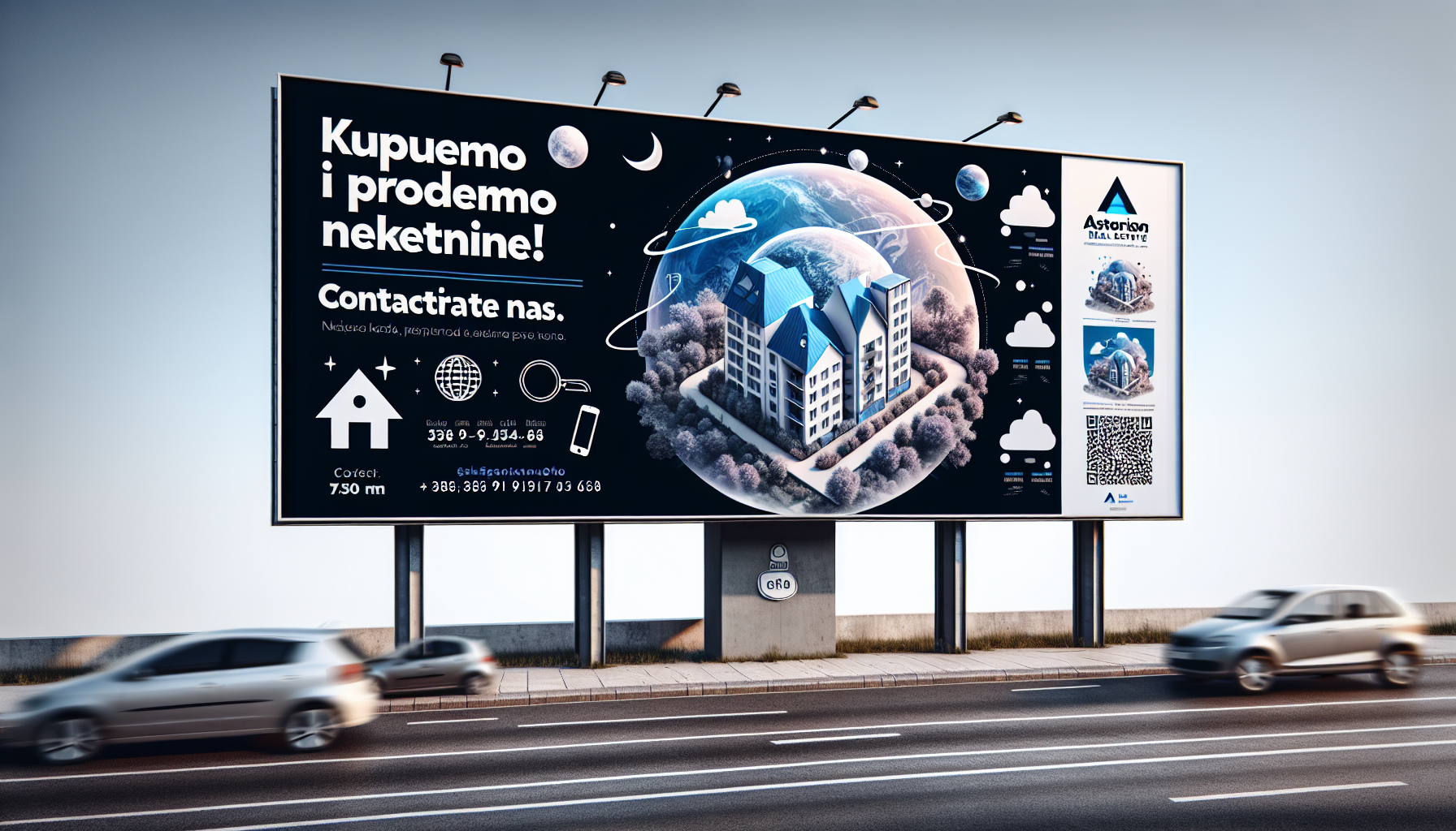 - Design a billboard measuring 350 cm in width and 170 cm in height.
- Integrate my logo, company name, and the call-to-action message: "Kupujemo i prodajemo nekretnine ! Kontaktirajte nas".
- Use a color palette of white, blue (from my logo), and black. The design should be very striking and attention-grabbing.
- Include small icons for the globe and phone next to my website (asterion-realestate.hr) and phone number (+385 91 9343 658).
- Create one design with a simple white background and a second using the provided image (number 1 from the added files).

The primary focus of the billboard will be conveying our real estate buying and selling services. The ideal candidate will have:
- A strong portfolio in billboard and commercial design.
- An understanding of real estate imagery and how to use it effectively.
- Ability to create eye-catching and powerful designs.

I WANT BOTH DESIGN OPTIONS WITH AND WITHOUT PICTURE 1 FROM FILES ,which means one option with white background without photo 1 and one option with photo 1.

