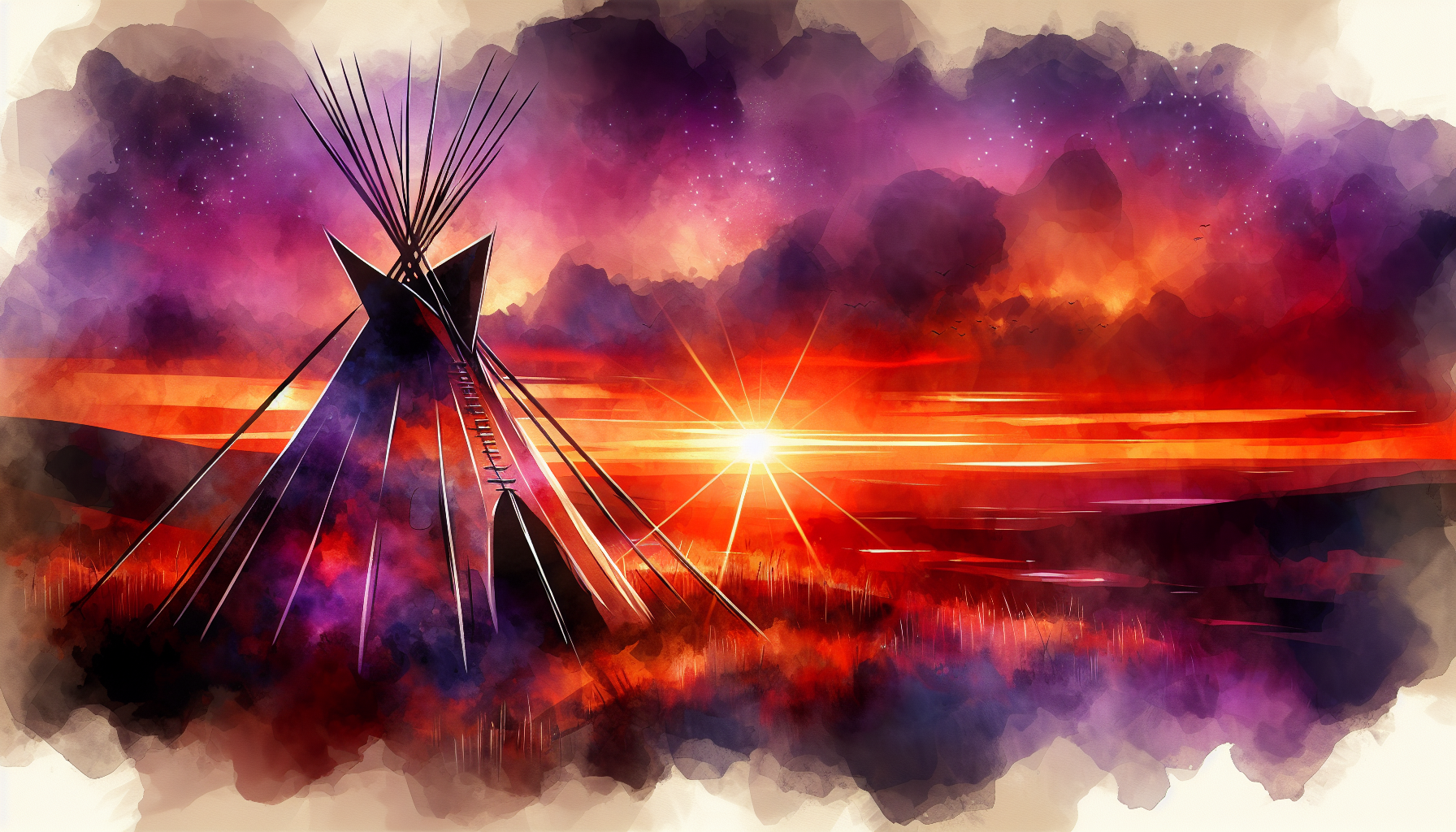 Native American tipi with sunset