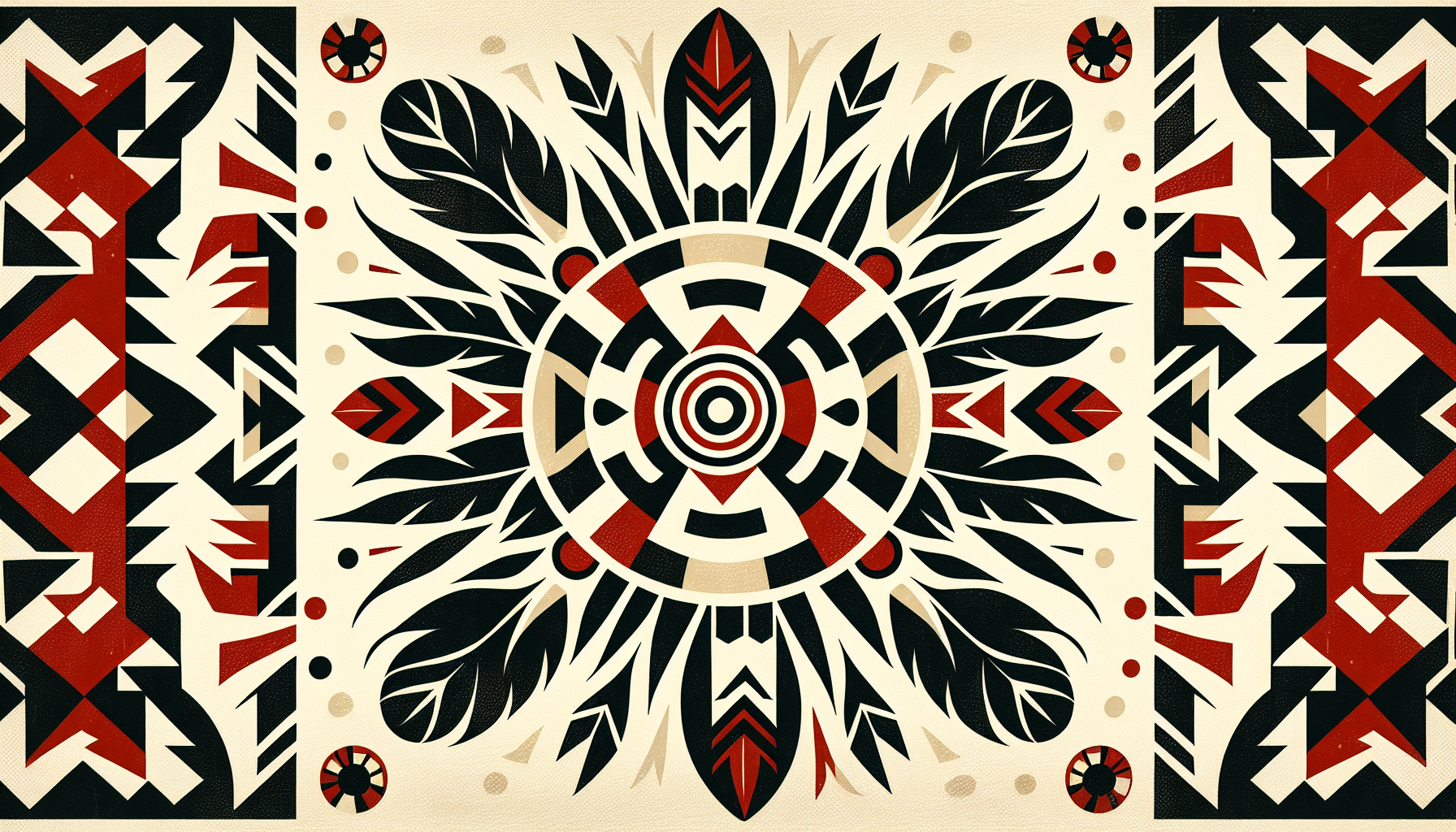 Lakota design with feathers on paper using red, black, white and yellow