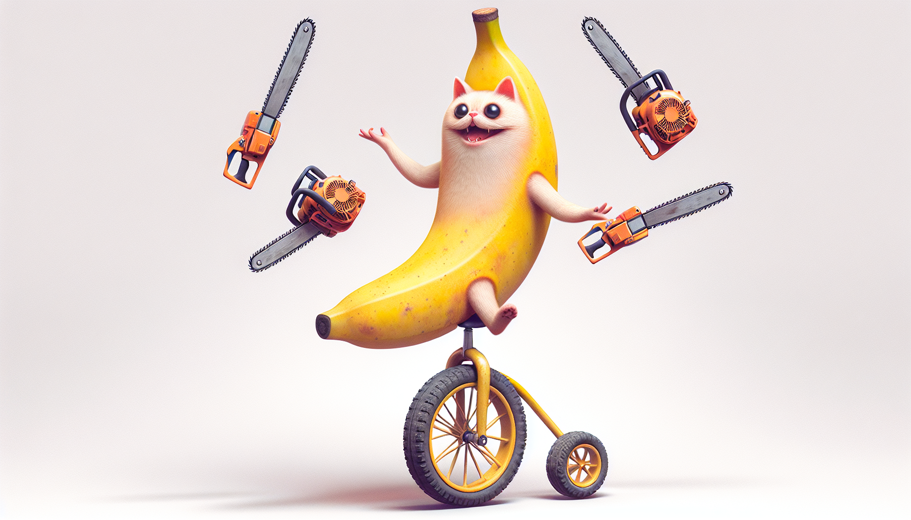 a cat/banana hybrid is riding a unicycle while juggling chainsaws