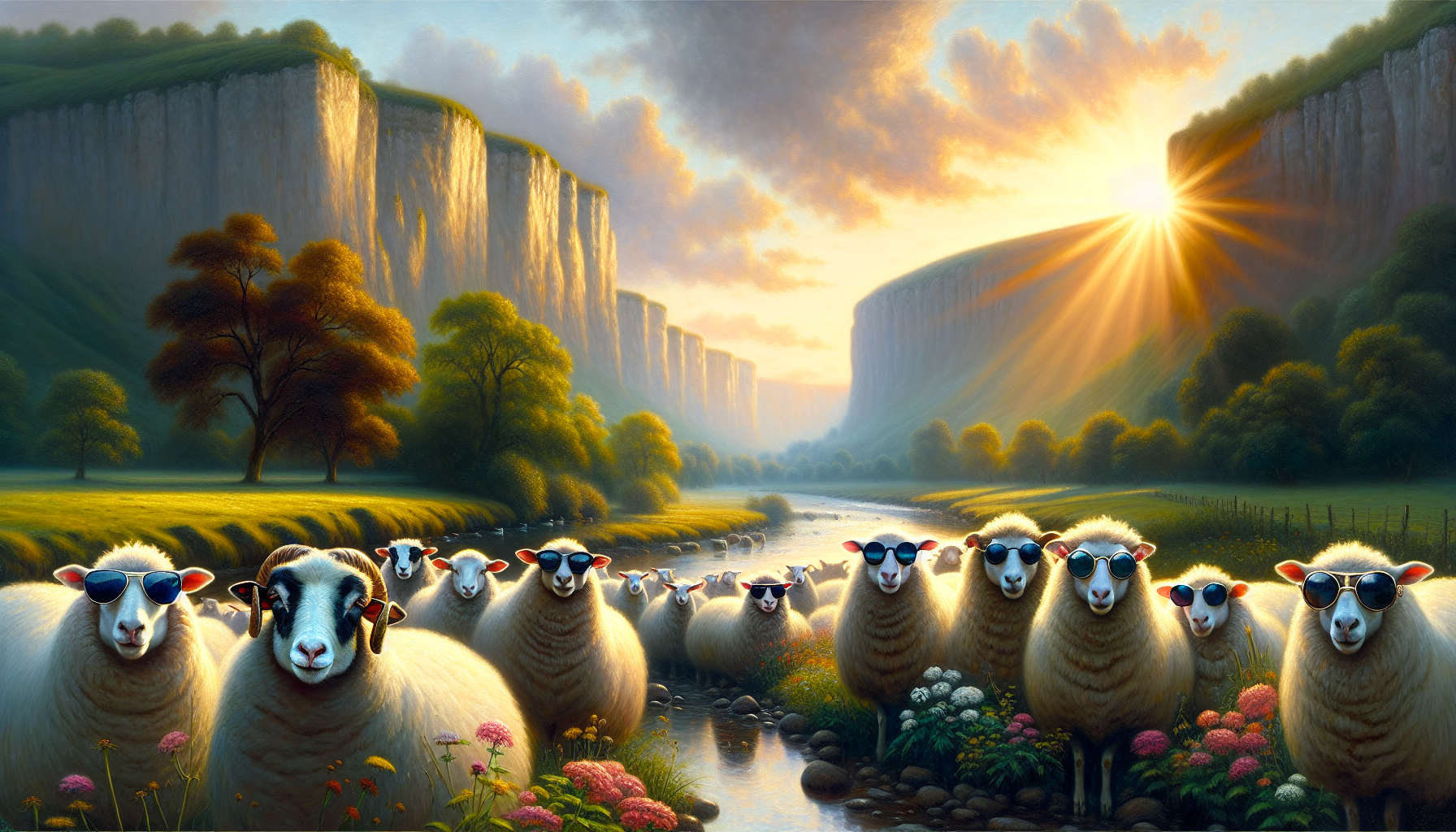 Un paysage serein au lever du soleil, où une douce lumière dorée se répand sur une vallée verdoyante et luxuriante, symbolisant l'espoir et le renouveau. Au premier plan, un troupeau de moutons nombreux regardent tous vers la caméra et portent des lunettes de soleil style stars du rock. L'arrière-plan présente des falaises qui bordent la rivière, leurs sommets embrassés par les premières lueurs du jour, tandis que des fleurs sauvages vibrantes fleurissent à leurs pieds, ajoutant des touches de couleur. L'ambiance est exaltante et paisible, rappelant l'art impressionniste, avec des coups de pinceau doux et une palette de couleurs chaudes. La scène incarne un sentiment de joie bucolique avec un brin de dérision.