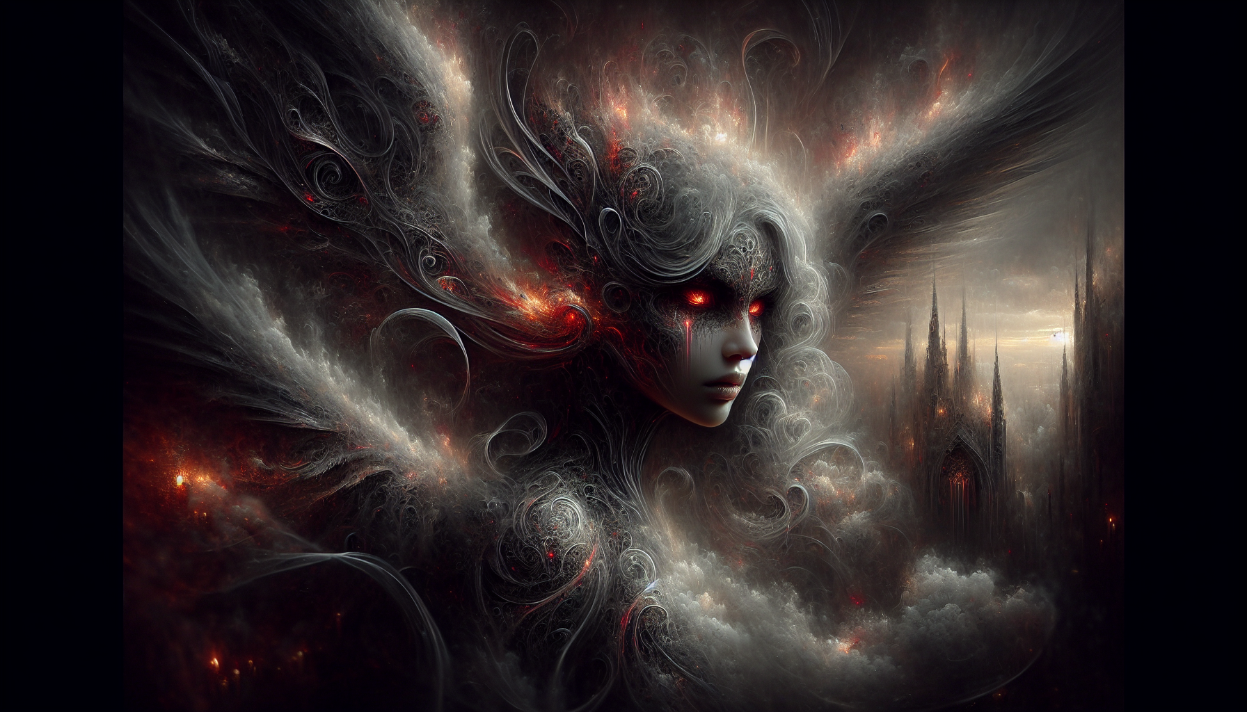 Dark fantasy art. Close-up portrait. A melancholic hybrid angel-demon with glowing red eyes, surrounded by swirling mist and shadows, its wings partially unfurled. Moody cinematic lighting. Soft focus. Smoke-like tendrils curling around its face. Flickering candlelight dance across its skin. Dark, muted colors with splashes of fiery red. Best quality. Intricate details. High contrast. 8k resolution. Dreamlike atmosphere. Romanticism. Gothic architecture in the background. Overcast skies.
