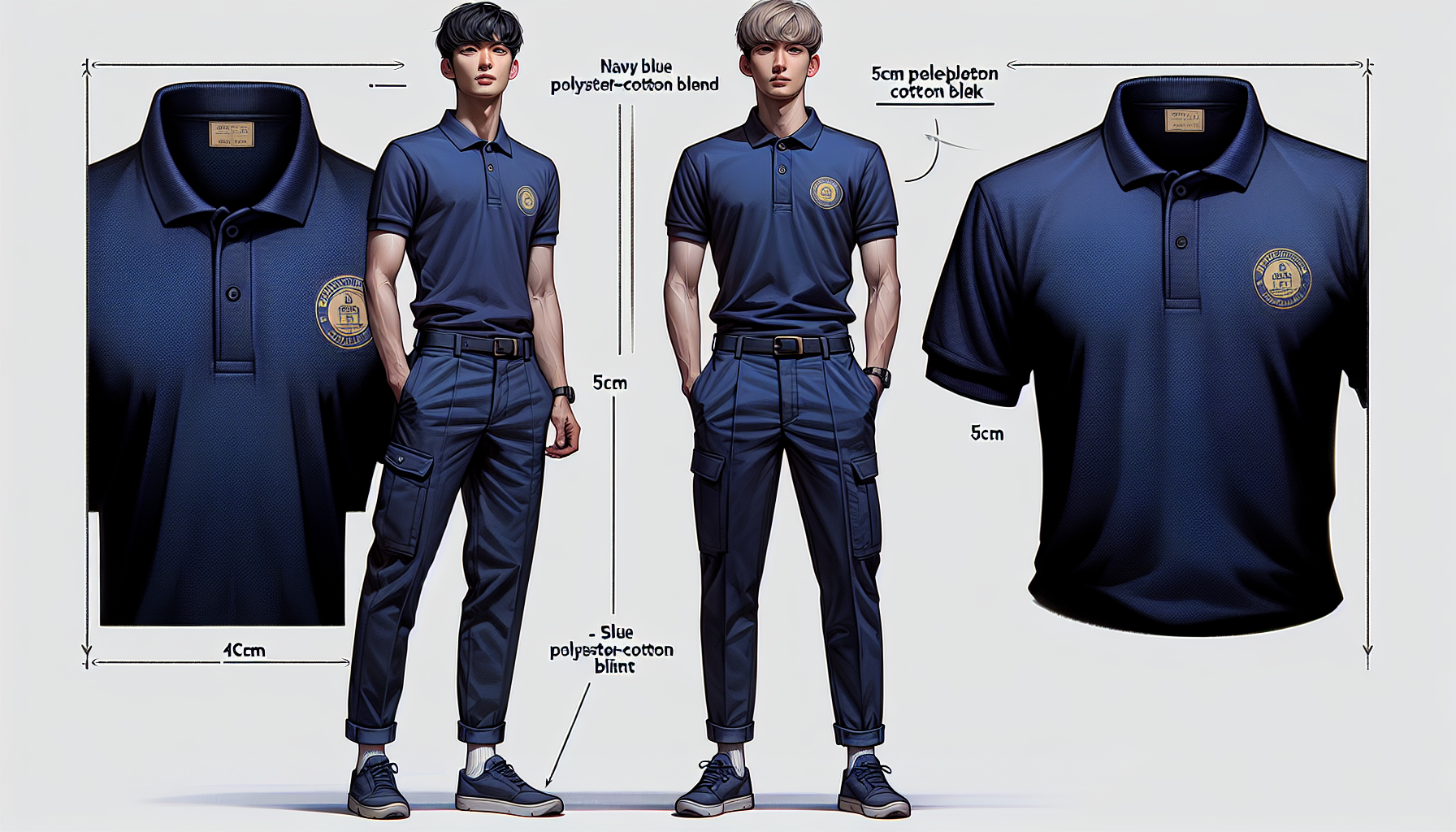I need you to make me a full-length image of a man and a woman in a work uniform. I'll send you the clothing models so you can design it better. and navy blue pants, a navy blue polo shirt with the Cocemfe logo in 5cm color on the left chest.