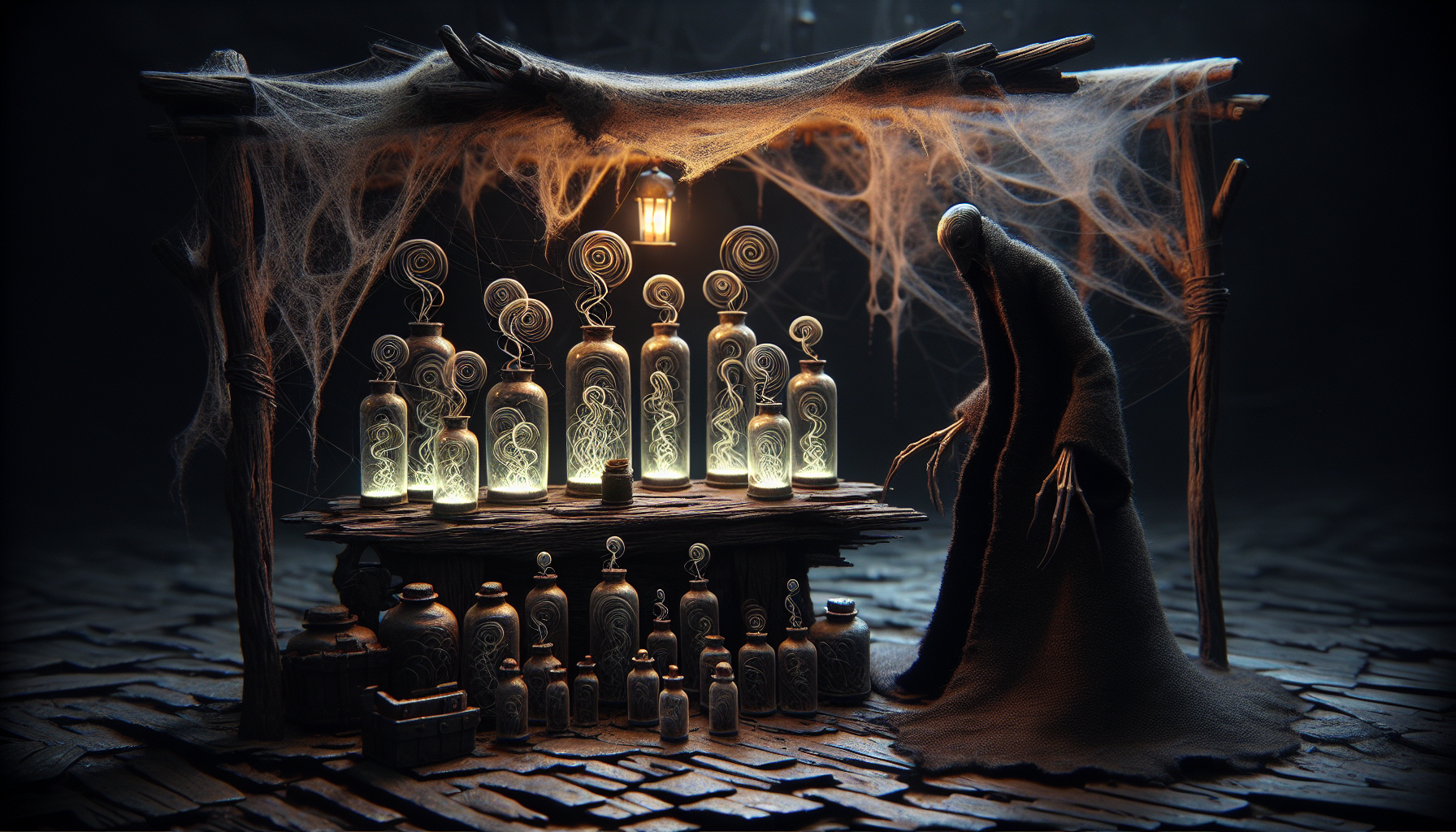 Photorealistic, hyperdetailed scene, Tim Burton style: A lanky, hunched figure in a long, tattered black wool coat stands beneath a crooked, spiderweb-draped awning. The figure's face is gaunt, with large, shadowed eyes and a thin, unsettling grin.  Several  slender glass jars containing faint, swirling ethereal figures. jars have ornate, twisted metal lids suggesting trapped souls. jars rest on a warped, dark wooden table  A single, aged sign with spidery, uneven script reads "Human Essence in a Jar". A single, lantern casting elongated, distorted shadows.  Eerie, whimsical, with a cold, damp air. Technical: Octane render, macro photography details on the wood and glass, complex lighting effects highlighting the trapped souls and the figure's gaunt features. Behind the figure, a surreal, spooky kooky market with spindly, Burtonesque figures, creating a distorted, dreamlike bokeh effect."