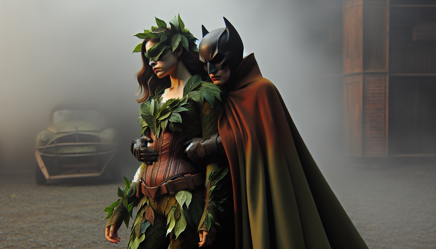 DC characters, classic Poison Ivy and Batgirl. Batgirl is wearing her costume and standing behind Poison Ivy and hugging her from behind.