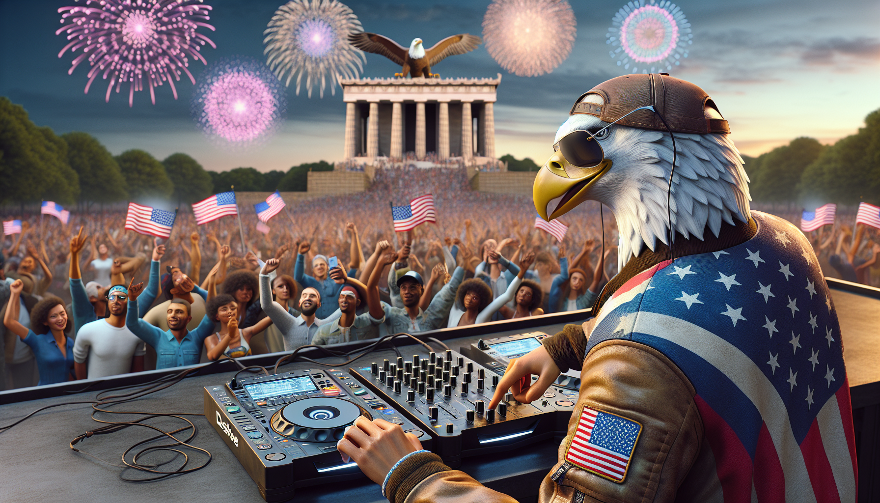 Imagine a vibrant music festival where an anthropomorphic bald eagle, symbolizing the United States, takes center stage as the DJ. Adorned in a sleek bomber jacket with an American flag patch, the eagle wears aviator sunglasses reminiscent of President Trump's signature style. With sharp talons skillfully mixing tracks on a state-of-the-art DJ console, the crowd pulses to the rhythm under a sky illuminated by fireworks. The backdrop features Mount Rushmore, subtly highlighting President Biden's presence among the iconic figures.