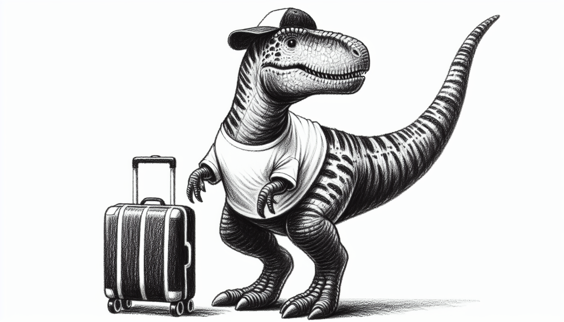 Dessine moi en noir et blanc un dinosaure réaliste avec un t shirt une casquette et une valise à roulette et rien d'autre