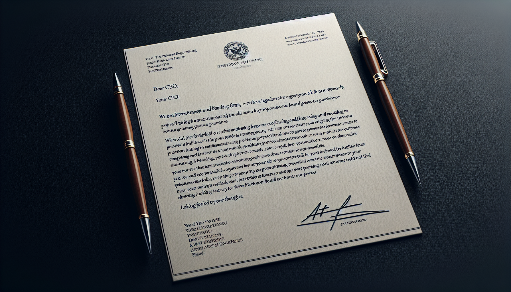 Dear CEO,

We are an investment and funding firm, working in alliance with a high-net-worth group to provide financing at minimal interest rates. We believe that a strategic partnership between our organizations could create substantial value for both parties.

We would be delighted to share more details about this opportunity upon your response. Please feel free to reach out if you require any additional information or would like to discuss this further.

Looking forward to your thoughts.

Best regards,

Art Allen