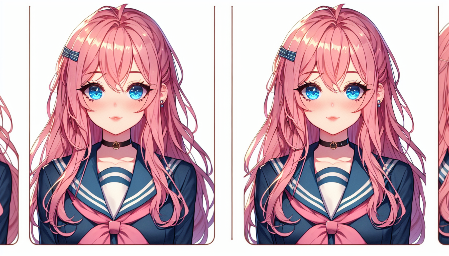 girl is 20 years old with pink long hair and blue eyes with a school uniform 