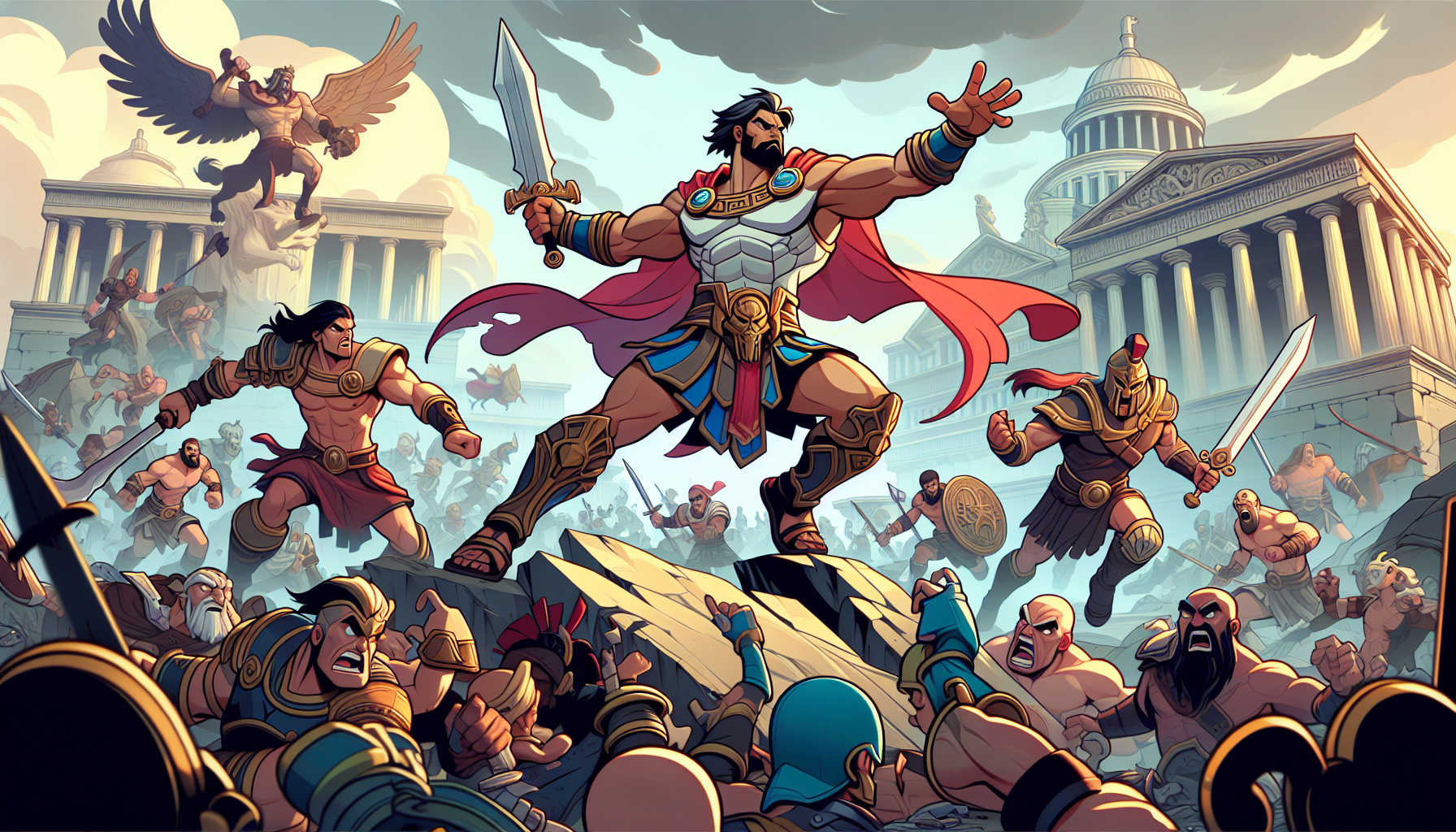 "Create a triumphant 16:9 image in Pixar style, featuring Ulisse, with the help of his loyal friends, defeating the suitors in a dramatic battle. The scene should be chaotic and victorious, with Ulisse looking heroic and determined. The palace should be in the background, suggesting the reclamation of his throne and the restoration of order."