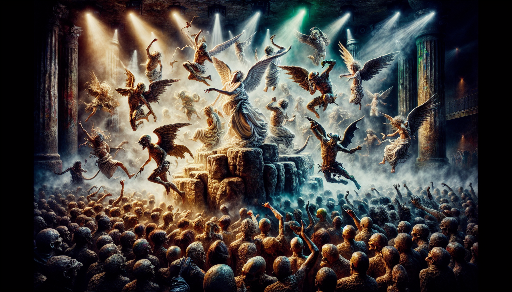  A hyperrealistic, underground concert scene in Dan Witz's signature style, featuring angels and demons united in a frenetic mosh pit, bathed in dramatic, colored stage lighting. Angels with partially folded, glowing wings and tattered white clothing slam-dance alongside demons with textured skin, organic horns, and worn leather jackets, their sweat-slicked skin gleaming under the lights. Hair flies, limbs blur, and expressions of pure release contort their faces, as angels crowd-surf above the pit and demons throw devil horns hand signs toward the unseen stage. Cigarette smoke and stage fog swirl around the supernatural crowd, illuminated by sharp beams of stage lighting cutting through the haze, casting moody shadows and reflections on the surrounding walls. In the background, more reserved figures watch from the sidelines, their complex emotions visible under the ambient glow. The entire scene is rendered with meticulous photorealism, trompe-l'oeil techniques, and a gritty, street-level perspective, capturing the raw energy of the urban underground music scene.