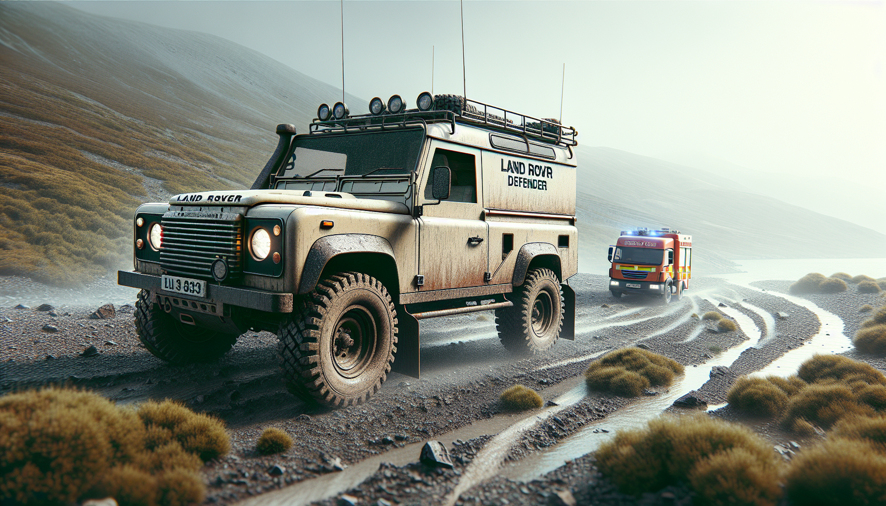I want an image of a Land Rover defender in the landscape, over a rescue truck