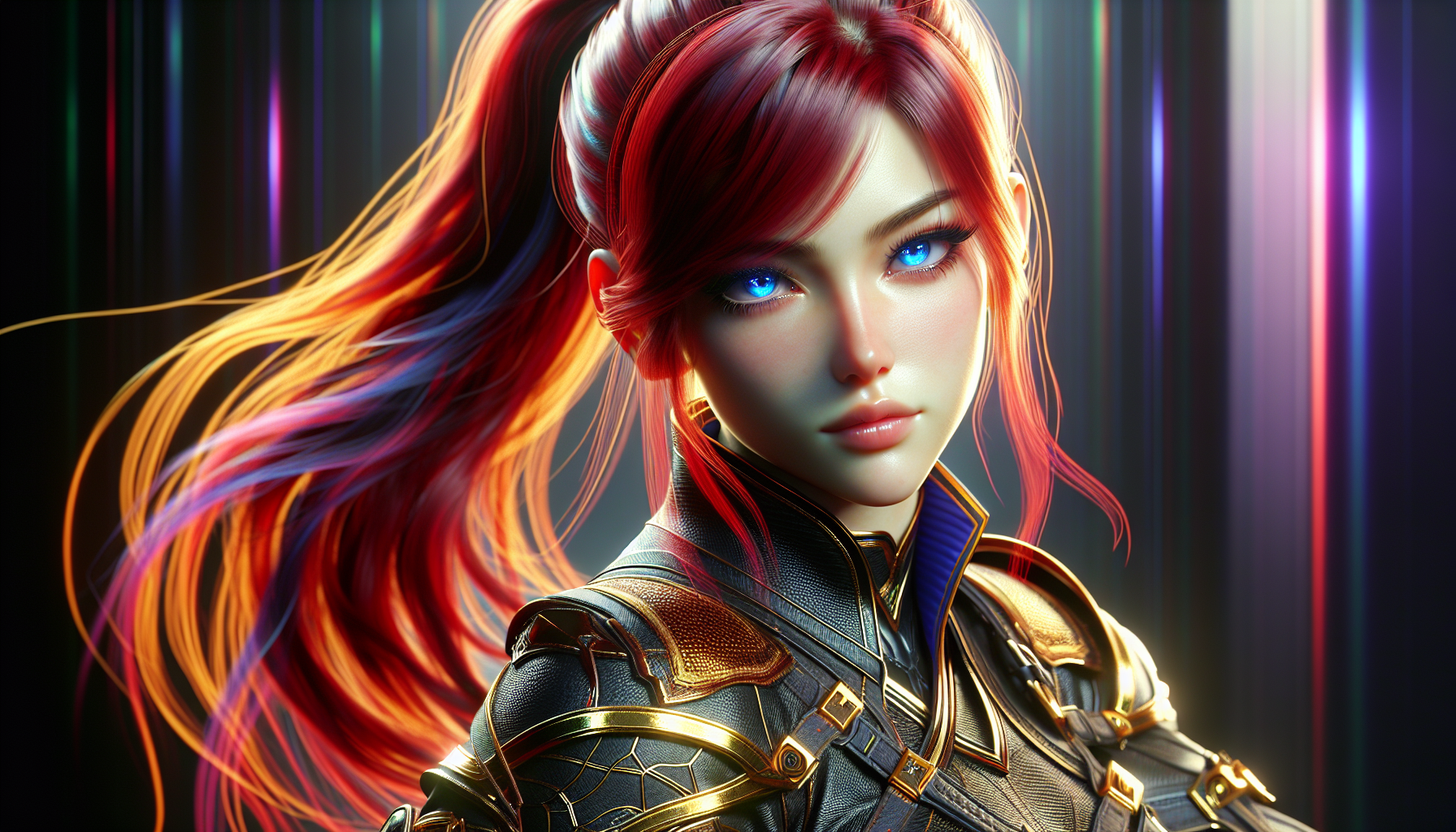 Crea una ragazza guerriera con capelli rossi raccolti in una lunga coda occhi celesti vestita di pelle con venature in oro 