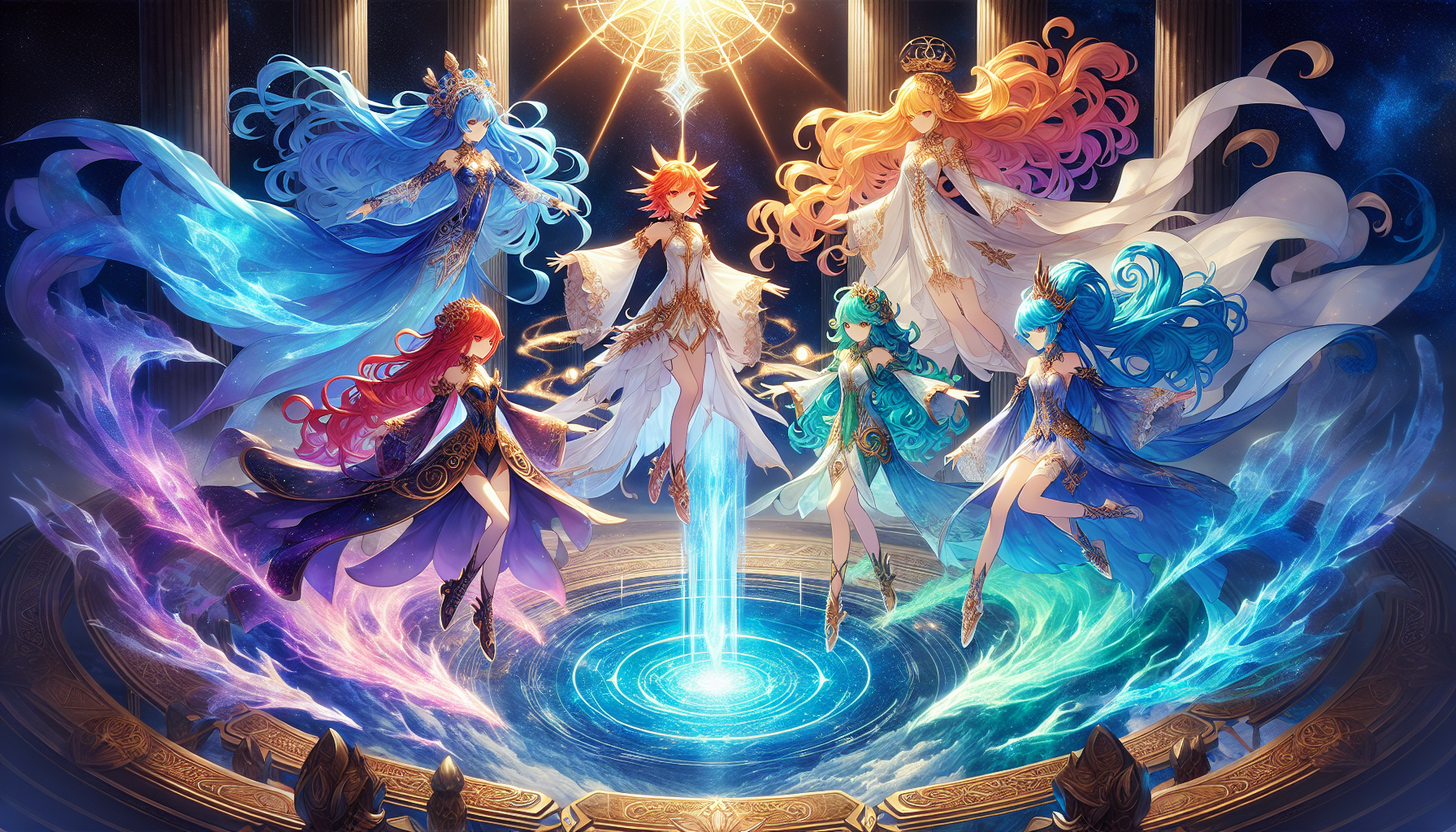 Anime-Style Prompt: "Divine Convergence of the Four Goddesses"
In a celestial sanctuary high above the mortal realm, four goddesses—Solara, Lunara, Verana, and the newly revealed Goddess of Water—stand together in a moment of cosmic balance. Their divine auras blend into a breathtaking tapestry of power and harmony, each embodying an elemental force of creation.

Solara, Radiant Goddess of the Sun ☀️
At the forefront, Solara stands with unwavering confidence, her golden eyes ablaze like twin suns. Her long, fiery hair flows behind her in luminous waves, crackling with energy. She wears a regal battle-gown, golden and adorned with intricate sunburst motifs, with radiant solar glyphs glowing along her sleeves. One hand is raised, summoning a swirling corona of solar fire that illuminates her figure, casting warm highlights on the others.

Lunara, Mystic Goddess of the Moon 🌙
Floating gracefully to Solara’s left, Lunara exudes an aura of deep tranquility, her celestial blue hair cascading down like liquid starlight. Her pale violet eyes shimmer with cosmic wisdom, reflecting constellations as she weaves delicate arcs of moonlight around her hands. She wears an elegant, flowing robe of deep indigo, patterned with shimmering constellations that pulse with ethereal energy. A silver crescent-shaped ornament floats above her forehead, marking her celestial domain.

Verana, Eternal Goddess of Forest and Flora 🌿
To Solara’s right, Verana’s deep emerald hair flows like a living vine, entwined with blossoms that glow softly in the divine radiance. Her earth-toned gown, woven from enchanted petals and sacred leaves, shimmers with an inner light, shifting between rich greens and golden hues. In her outstretched hands, verdant energy crackles, forming delicate, luminescent roots that stretch outward, merging with the divine nexus. Her eyes, warm and full of untamed power, mirror the endless forests of creation.

Newly Revealed: The Goddess of Water 🌊
At the center of the convergence, the Goddess of Water makes her grand debut—a figure of graceful fluidity and boundless creativity. Her long, sapphire-blue hair flows like a waterfall in zero gravity, shifting between translucent streams and weightless ocean waves. She wears a crystal-clear, form-fitting robe that shimmers like liquid glass, shifting colors from deep cerulean to luminous aquamarine. Glowing water sigils swirl around her hands, forming intricate spirals of bioluminescent waves that pulse with pure energy. Her deep, abyssal eyes reflect endless depths, holding the mysteries of the ocean and the ever-changing tide.

The Divine Setting 🌌
The goddesses stand upon an ethereal circular platform, floating in an infinite celestial sky where stars swirl in slow, mesmerizing motion. At the center, a radiant convergence of all four elements—solar fire, moonlight, nature’s essence, and pure water—merges into a glowing sphere of divine energy. The atmosphere vibrates with cosmic tension, raw power, and harmonious unity, symbolizing the balance of creation.