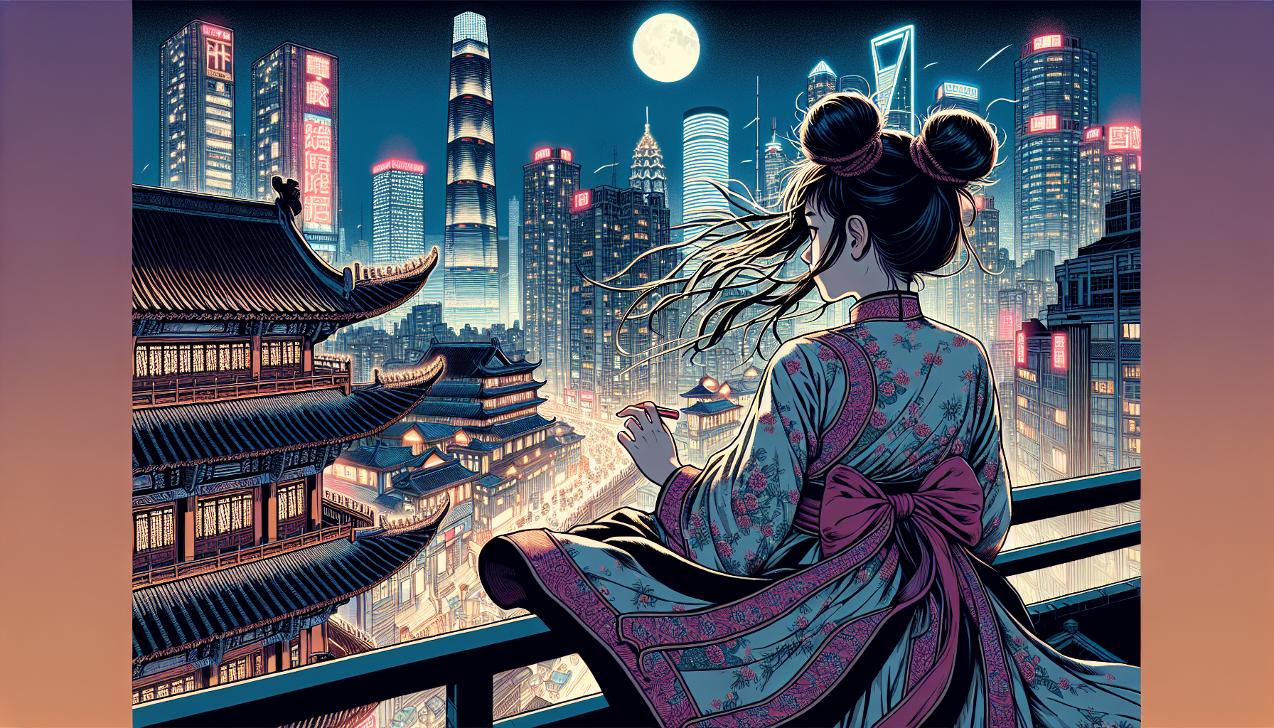 Please generate an image in the style of Masashi Kishimoto's manga, incorporating the following elements:

A character (a Chinese girl looks like Molly, aged 14, with double bun hairstyle, dressed in an adorable manner)
The character is set against the bustling urban nightscape, standing on the rooftop, overlooking the city with her clothes fluttering in the wind
Tall buildings surround the character, and a moon is visible in the background - The overall tone of the image should be visually striking, emphasizing the effects of nighttime lighting and neon glow
The theme of the image is "arrogance," which can be conveyed through the character's actions or auditory elements in the background
Ensure the translation is accurate and captures the essence of the instruction.