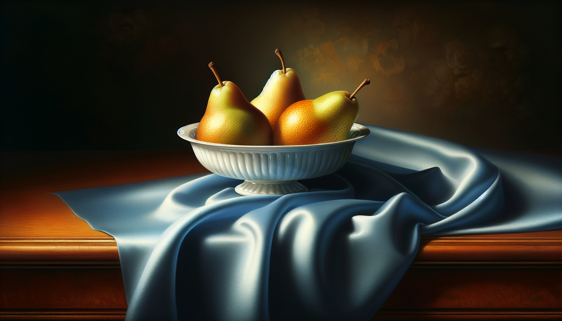   Three ripe pears, bathed in the warm glow of a chiaroscuro light, rest in a pristine white bowl nestled on luxurious blue silk atop a rich mahogany table
