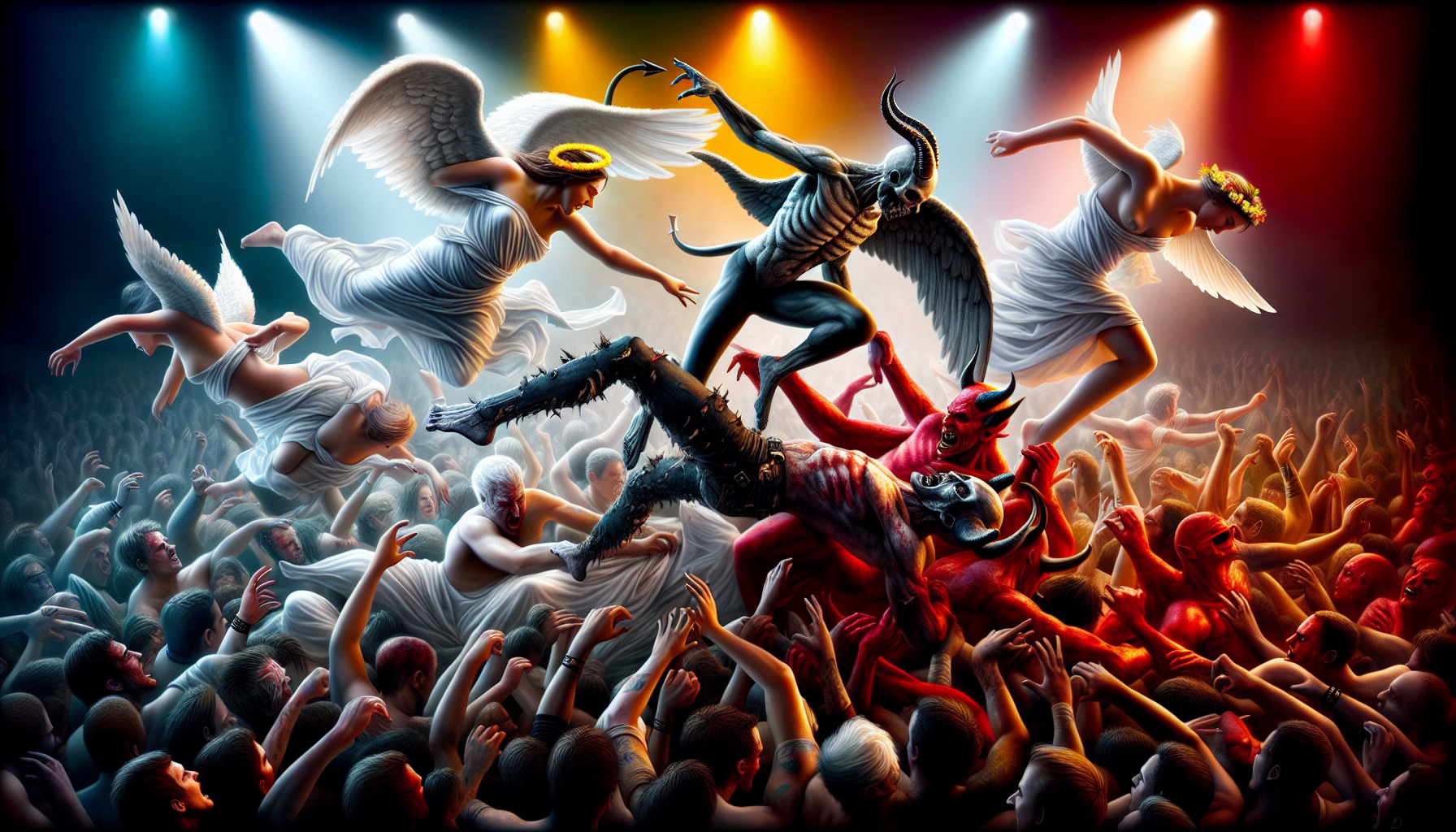 A hyperrealistic concert mosh pit in Dan Witz's signature documentary style: Angels and demons slam dance together in supernatural unity. Classical angels - with distinct white feathered wings, golden halos, and flowing white garments - throw themselves into the pit alongside clearly demonic figures sporting red skin, curved horns, and tattered black leather. Witz's photographic precision captures sweat-slicked bodies mid-collision under dramatic colored stage lights, highlighting the contrast between the angels' luminous skin and the demons' textured hides. Every detail is rendered with Witz's masterful realism - individual feathers catching the light, the glint of metal studs on demon jackets, droplets of sweat frozen in midair. The composition shows these opposing supernatural beings locked in ecstatic movement rather than combat, their traditional enmity forgotten in the music's embrace.