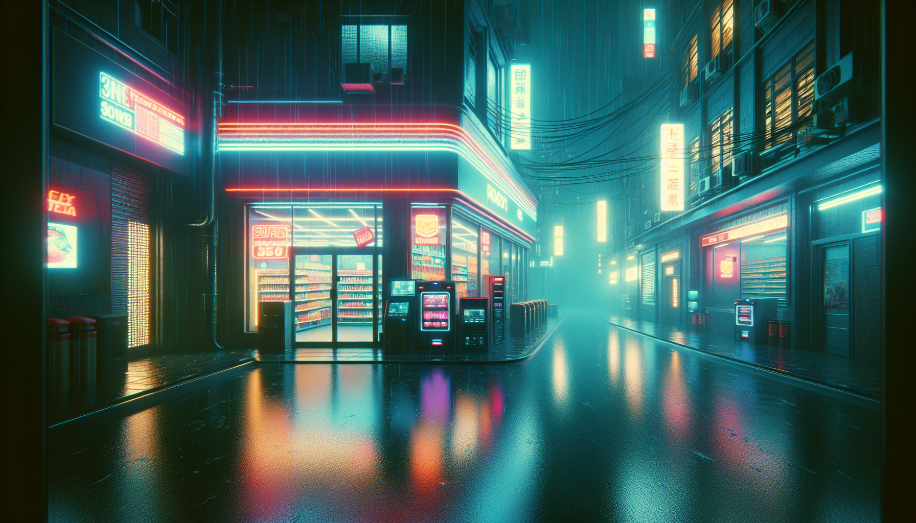 lonely convenience store at night, neon lights, raining, cinematic, muted colors, 35mm lens --v 6.0