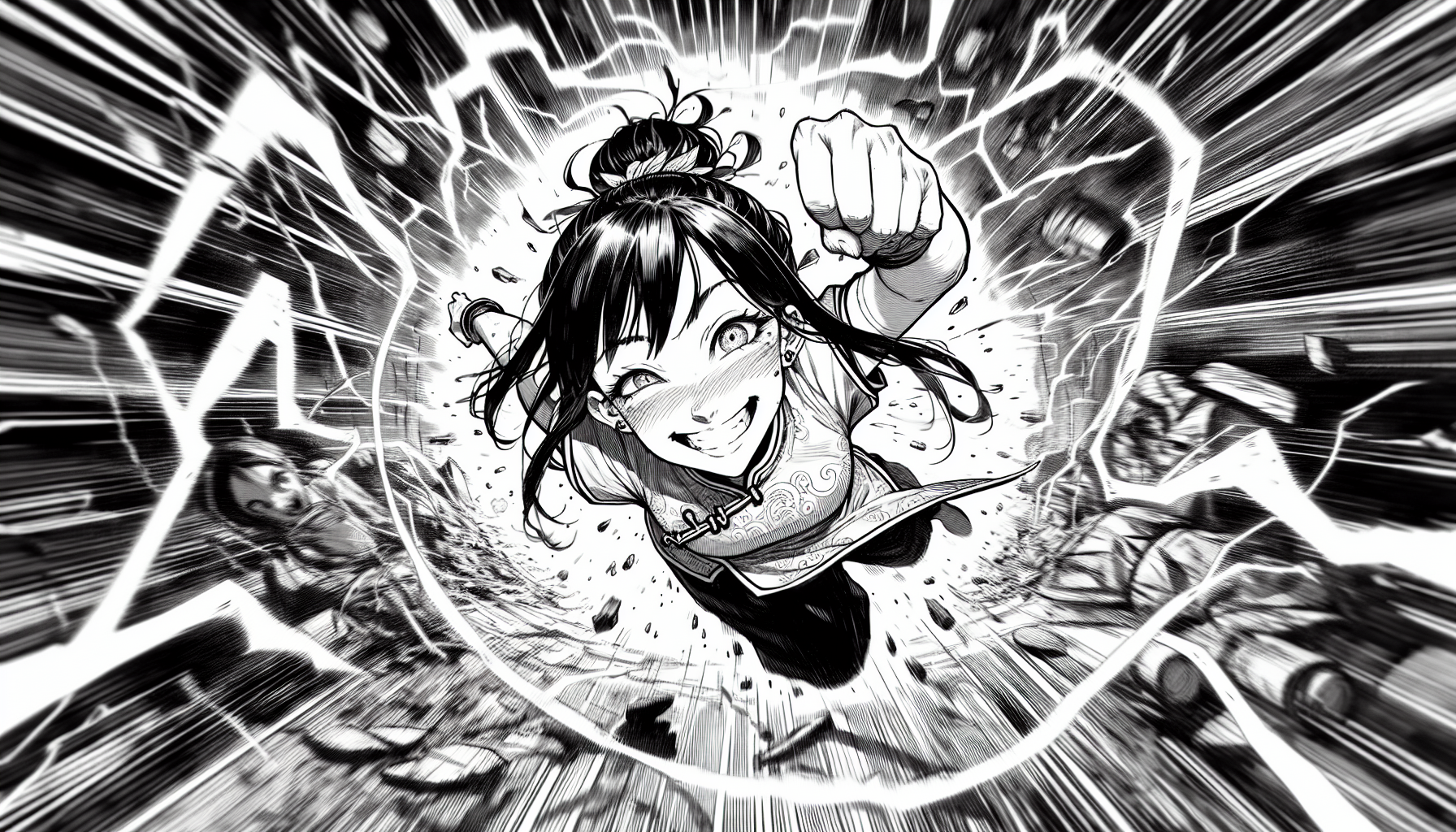 /imagine prompt: A beautiful Chinese girl in mid-air action pose, smileing with excitement, sweat flying, surrounded by explosive speed lines and swirling energy aura, bold ink line art with intense hatching shadows, dramatic foreshortening, fisheye lens perspective from above creating circular distortion, background of collapsing debris and lightning bolts, in the style of Masashi Kishimoto's Naruto manga sketches, high contrast black and white, extreme motion blur on limbs --ar 3:4 --no color --v 5