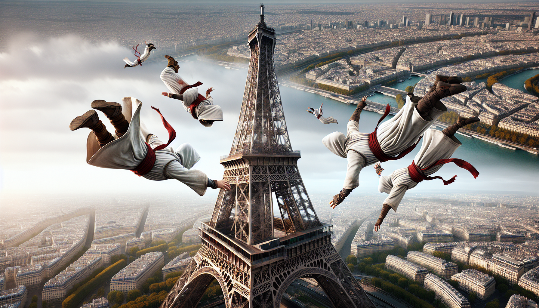 personnages assassins creed effectue le saut de la foi au depuis le haut de la tour Eiffel à Paris.
