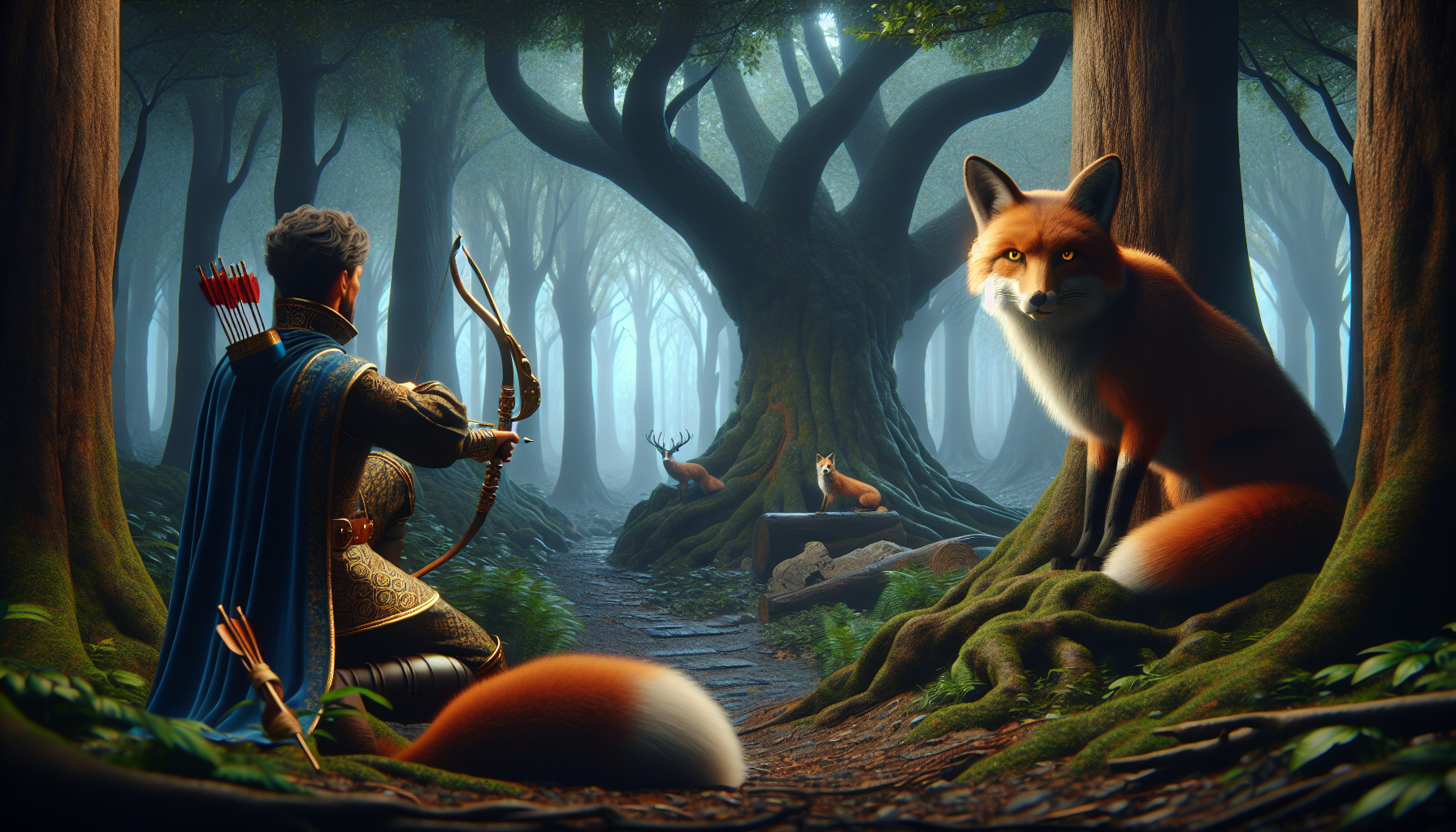 A mysterious yet friendly-looking fox with intelligent golden eyes lounges under an ancient oak tree in a dense, mystical forest. The eldest prince, wearing traveling attire, holds his bow, preparing to shoot. The fox raises a paw and speaks, trying to warn him of an important secret.
