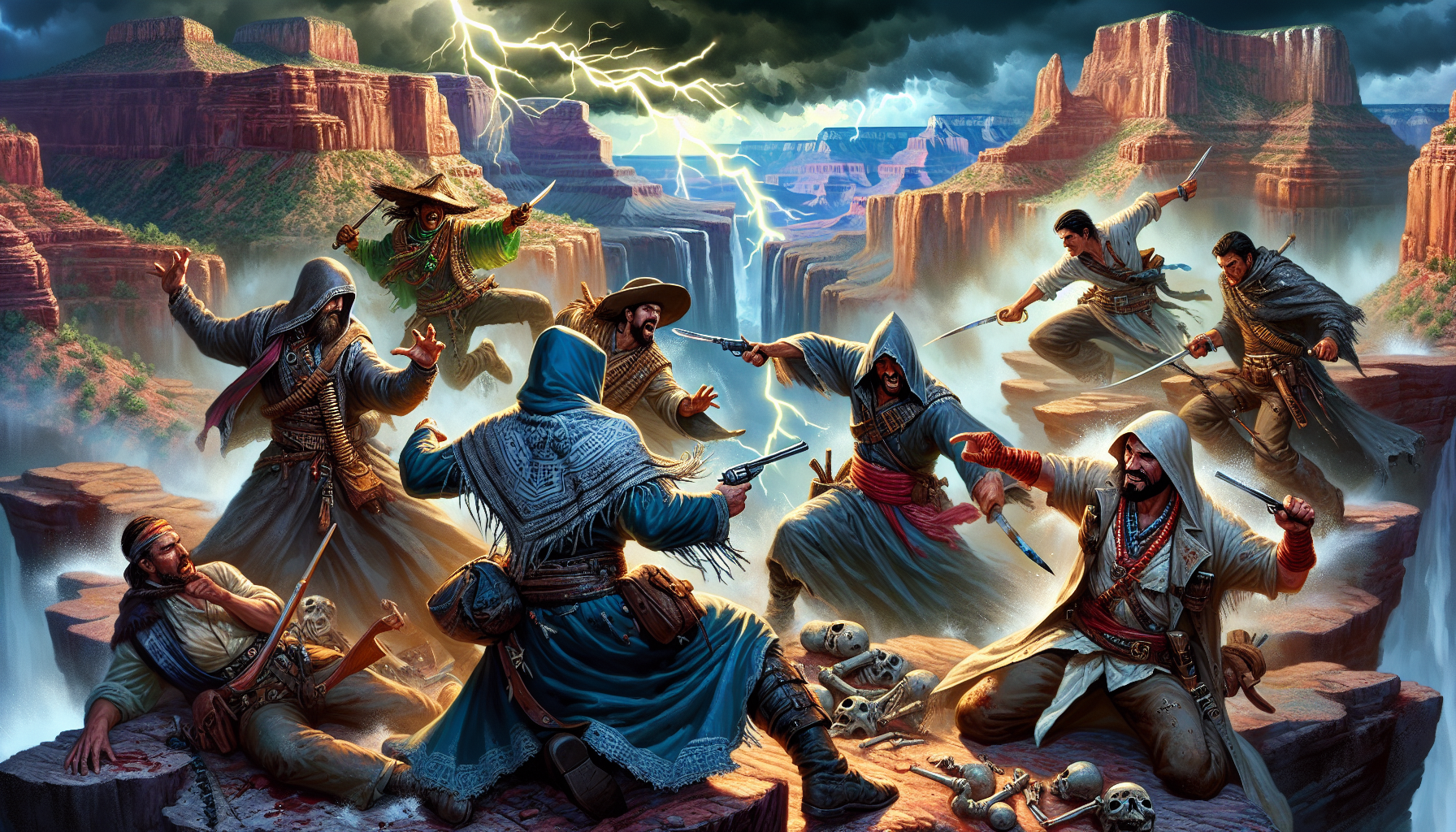 personnages assassins creed se battent contre des pirates des Caraïbes dans le grand canyon. Journée orageuse, éclairs.