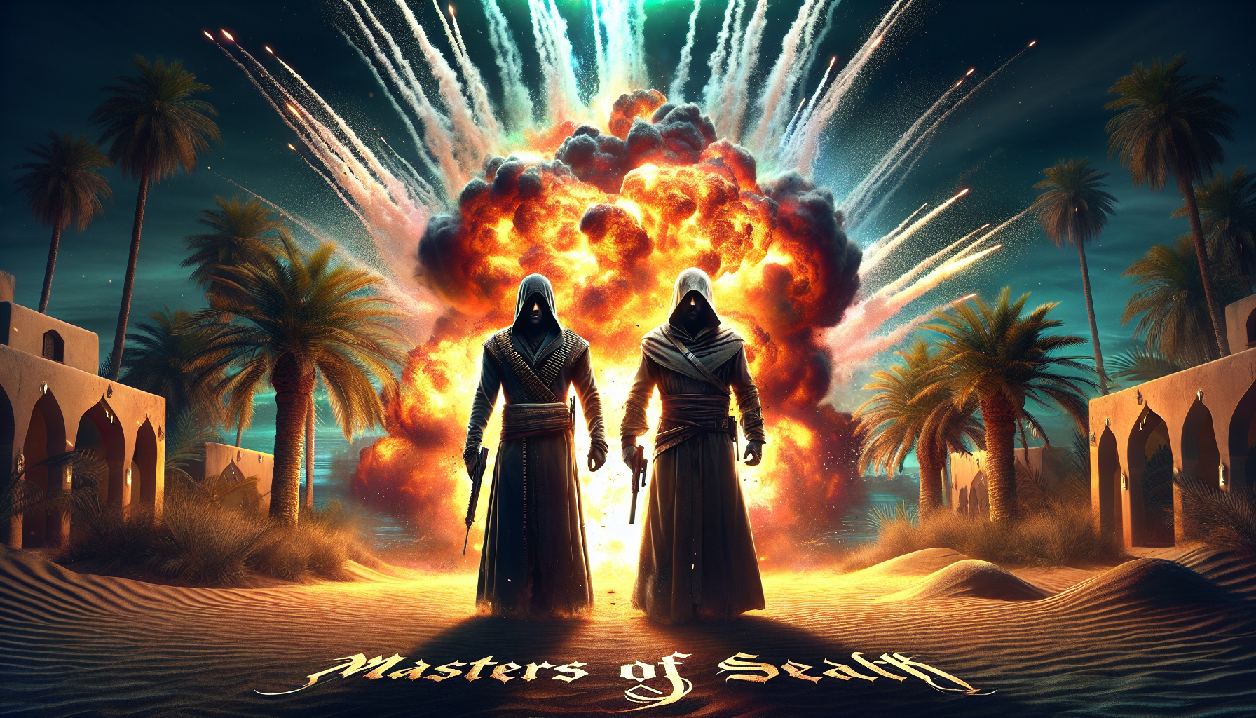 portrait de trois personnages assassins creed, au centre d'une explosion, un oasis avec des palmiers en arrière plan, écriture "assassins creed"