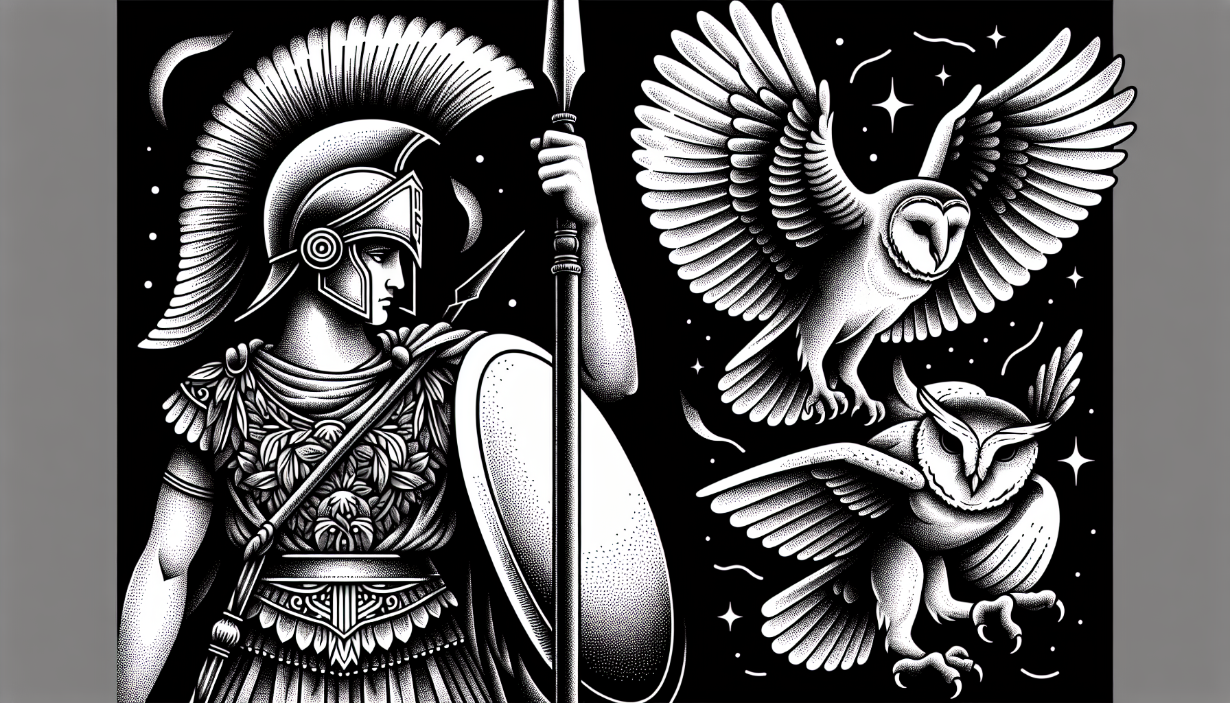 Atenea en modo tatuaje puntillismo y línea fina