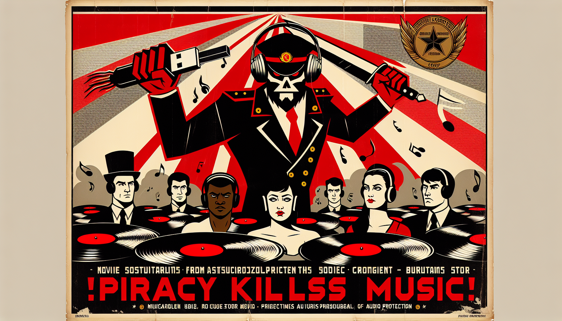 Satirical anti-music piracy propaganda poster in bold Soviet constructivist style. Menacing pirate figure with headphones and USB sword stealing musical notes from weeping vinyl records. Dramatic red and black color scheme with strong diagonal compositions. Heroic record store workers standing defiantly in foreground. Large threatening text: 'PIRACY KILLS MUSIC!' Small government seal: 'Bureau of Audio Protection.' Vintage paper texture with subtle creases.