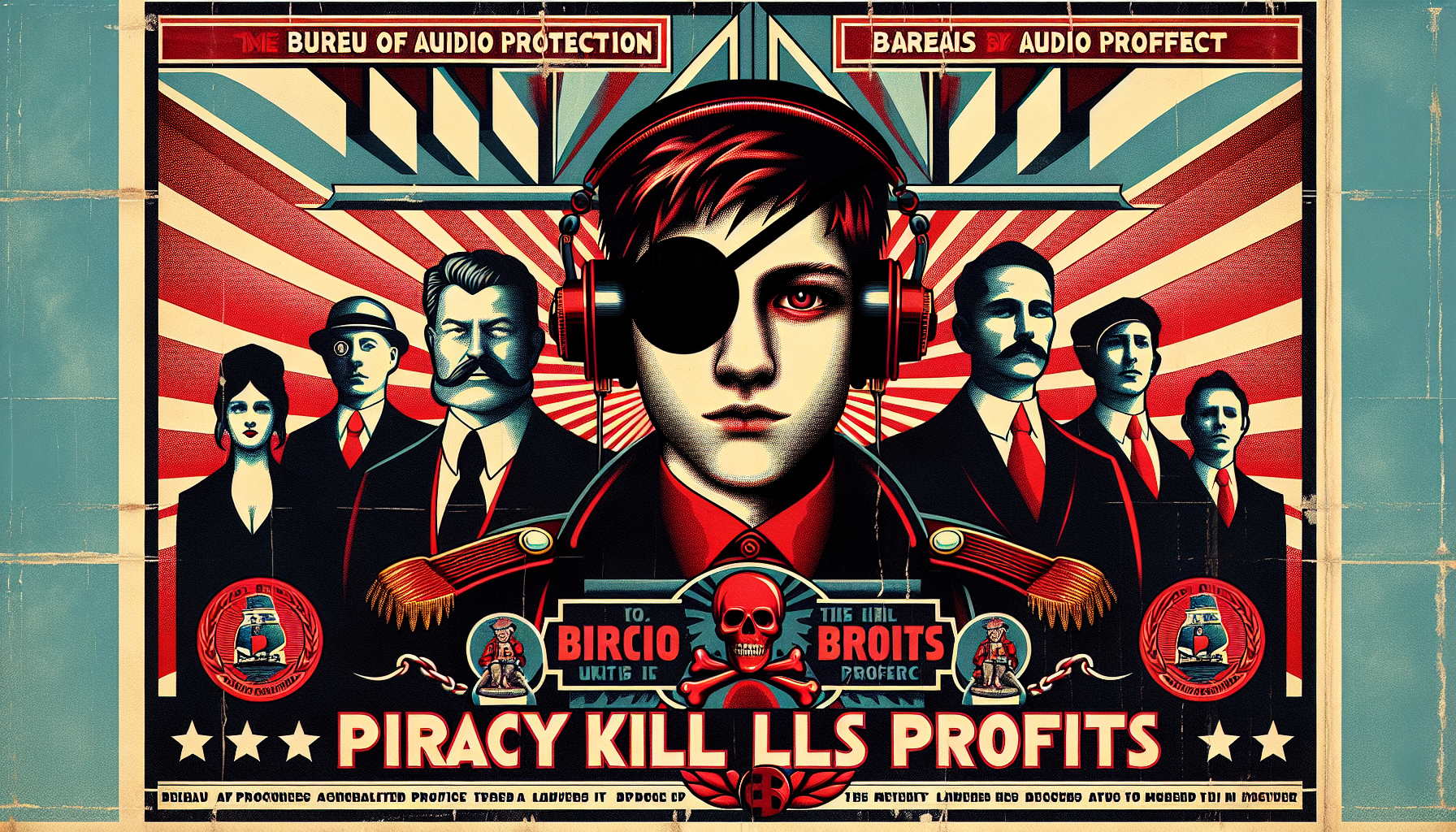 Satirical anti-music piracy propaganda poster in bold Soviet constructivist style. Menacing teenager with eyepatch and headphones. Dramatic red and black color scheme with strong diagonal compositions. Heroic lawyers and bankers standing defiantly in foreground. Large threatening text: 'PIRACY KILLS PROFITS' at top. Small government seal: 'Bureau of Audio Protection.' Vintage paper texture with subtle creases.