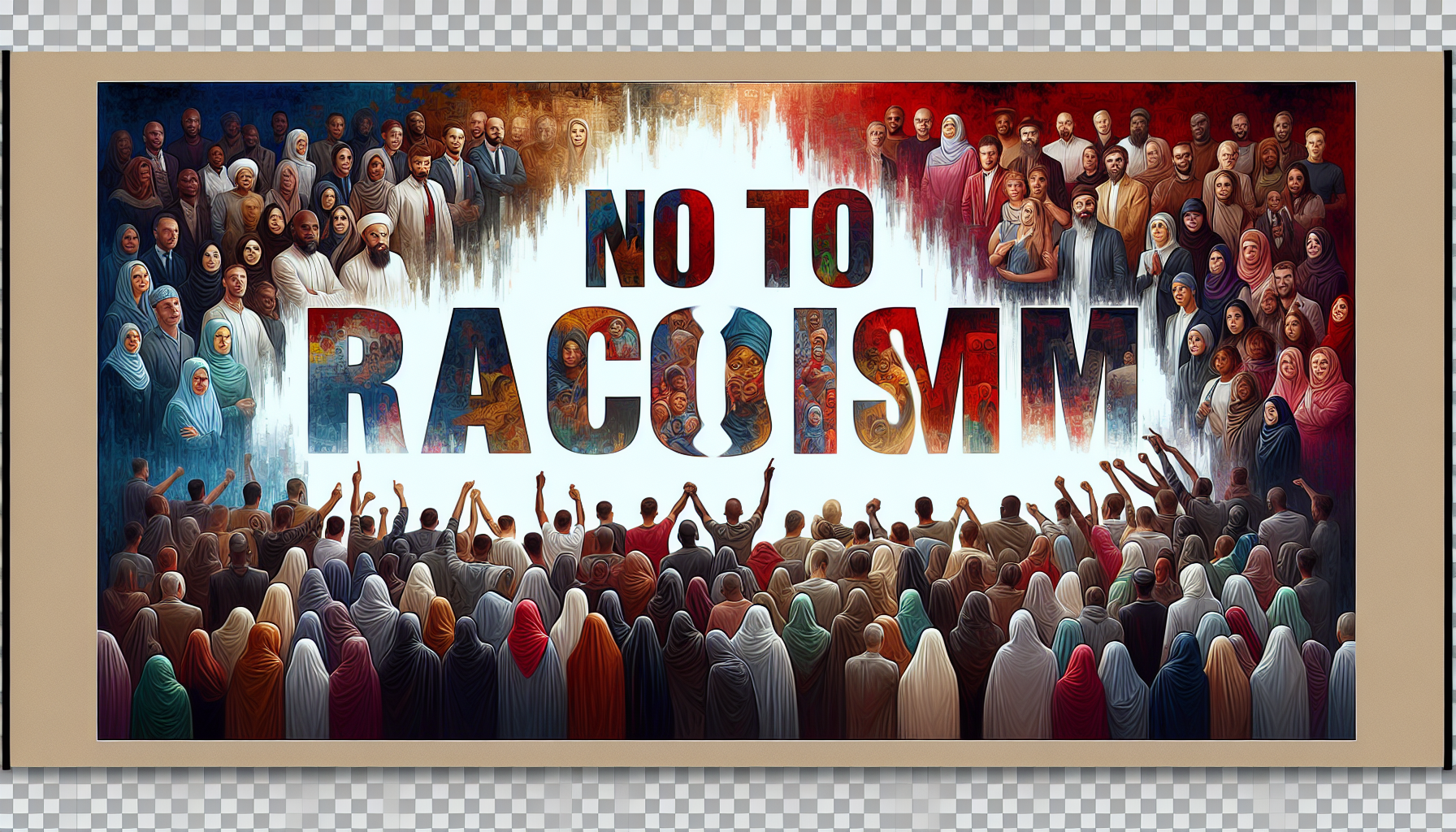 Pictures expressing rejection of racism with the phrase "No to racism" written in a font that reflects the topic with a transparent background
