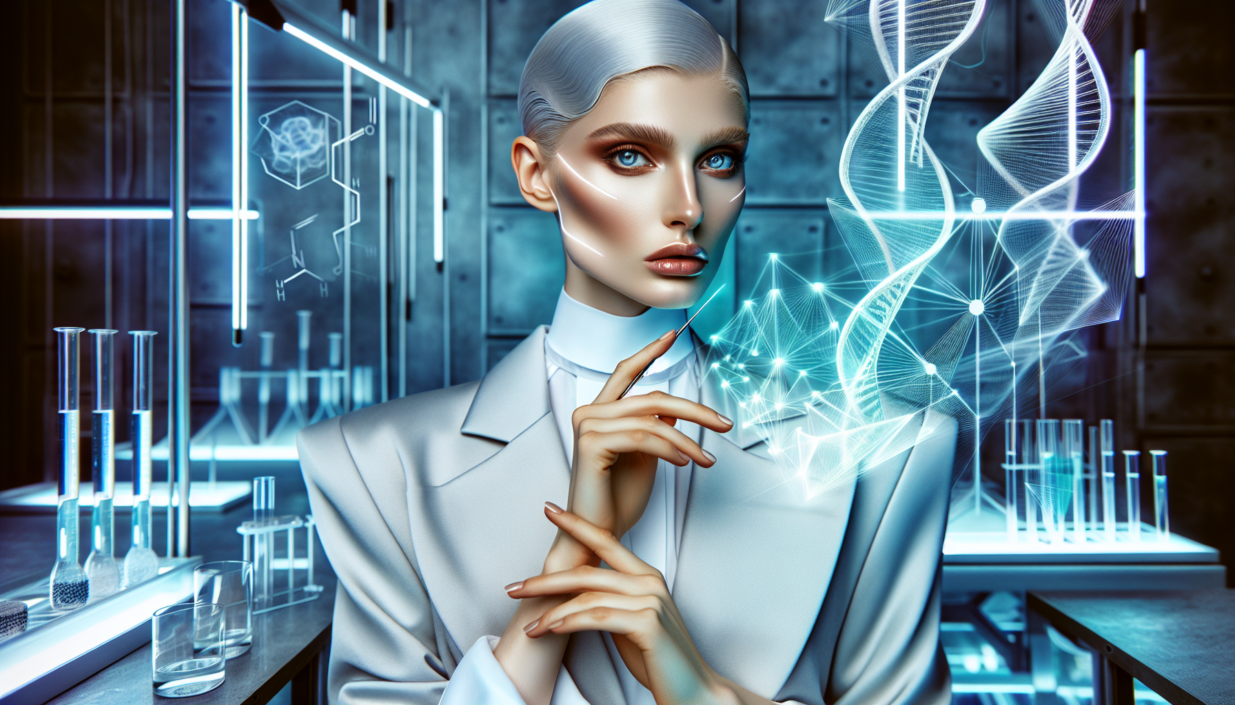 High-fashion editorial portrait of a female molecular biologist in her laboratory. Striking features with architectural cheekbones and intense gaze. Sleek silver-white hair in a precise geometric cut. Minimalist makeup with a single dramatic element - metallic copper eyeliner. Wearing a structured designer lab coat reimagined as haute couture. Surrounded by glowing laboratory equipment creating dramatic blue and green backlighting. Holding a holographic visualization of a DNA structure. Shot in the style of avant-garde fashion photography with sharp contrast and intentional color theory. Composition creates visual tension between scientific precision and artistic expression.